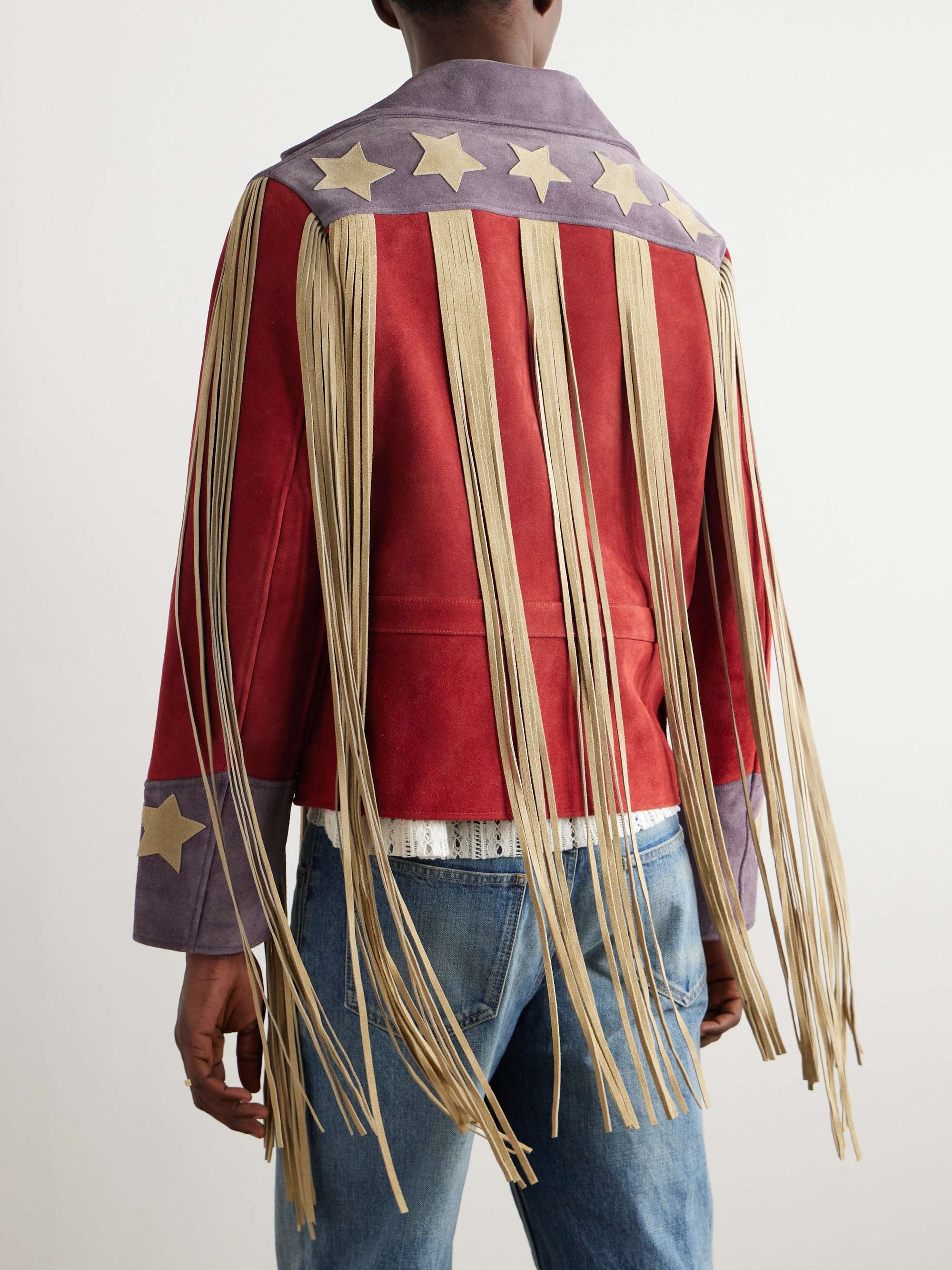 Appliquéd Colour-Block Fringed Suede Jacket view