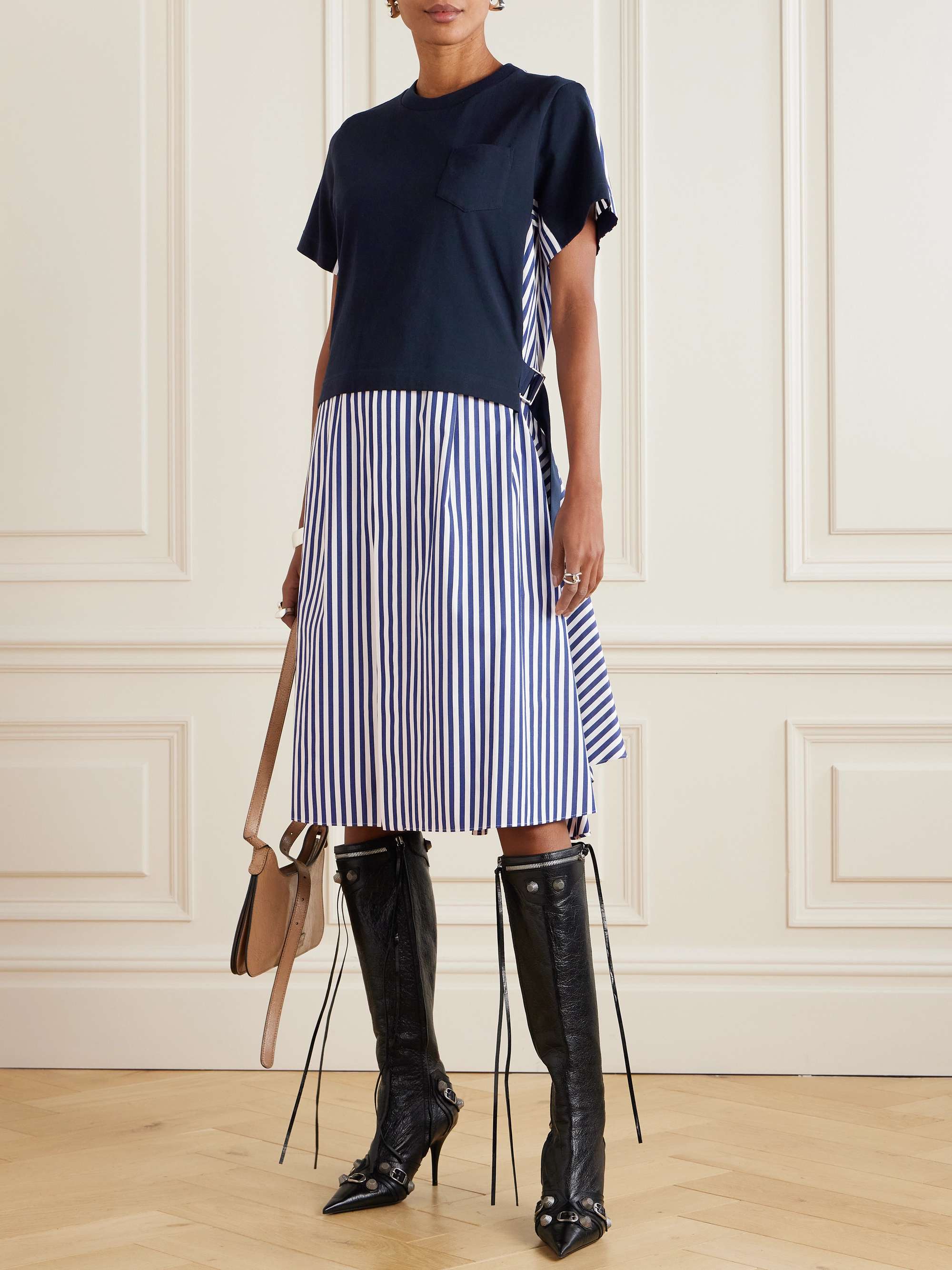 Belted striped cotton-poplin and jersey midi dress view
