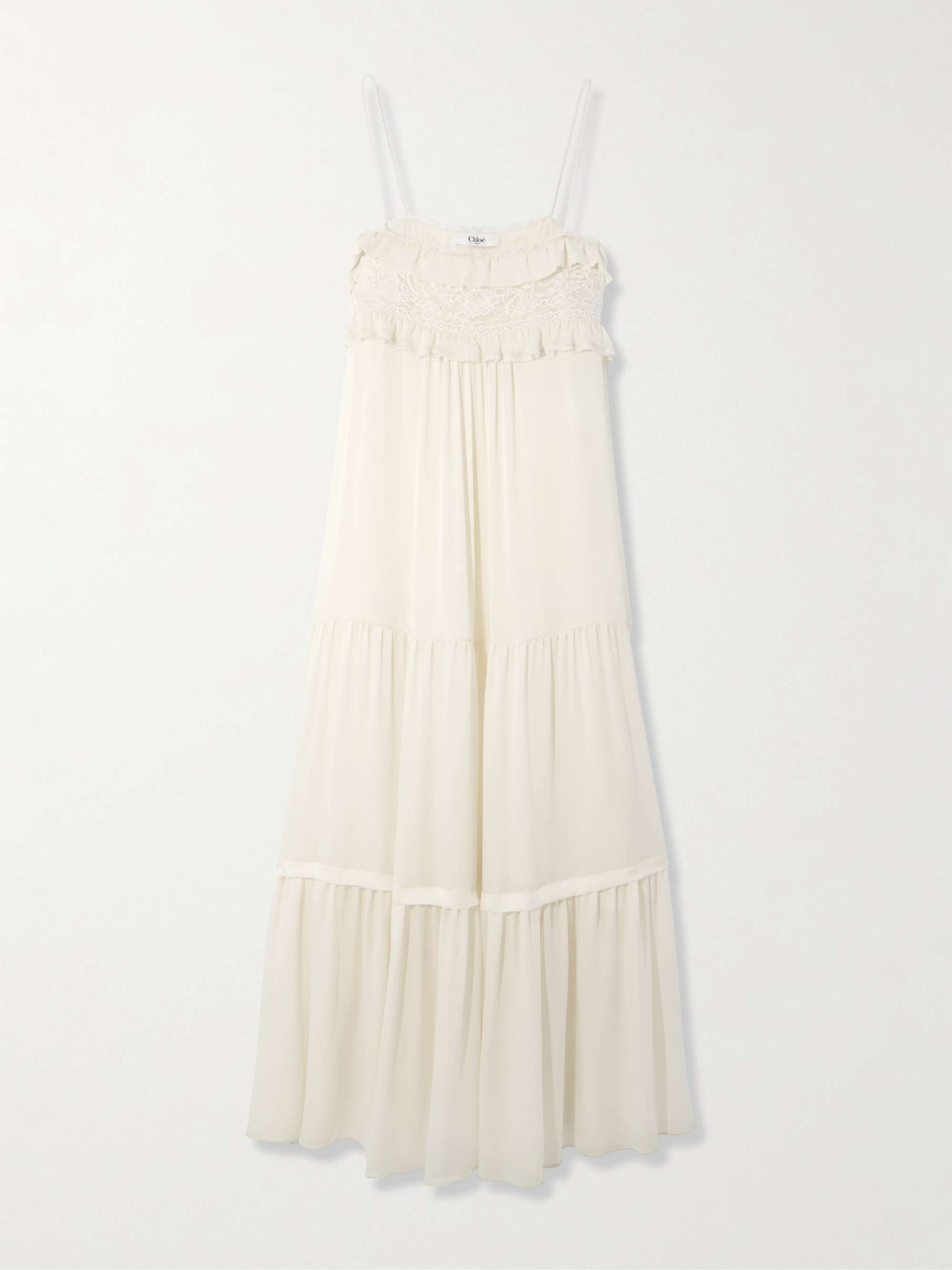 Lace-trimmed tiered ruffled crepe de chine midi dress hero visual