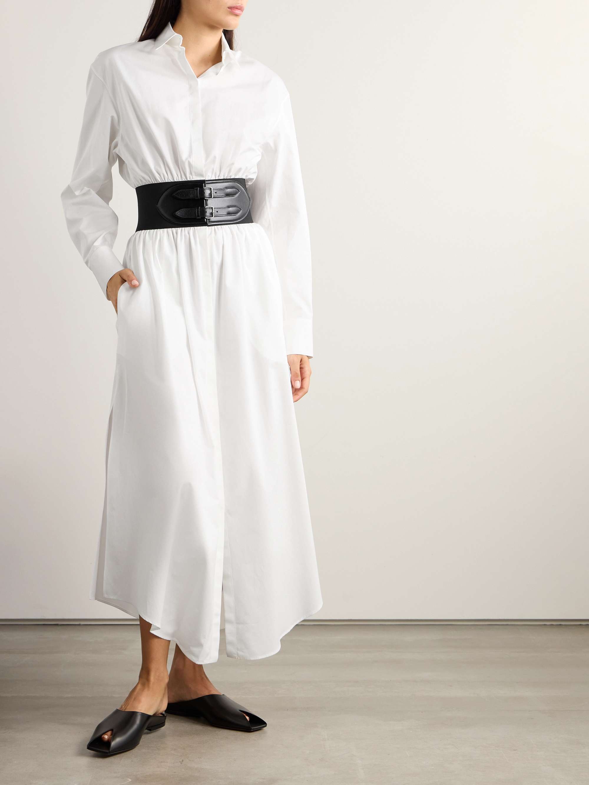 Belted leather-trimmed cotton-poplin midi shirt dress view