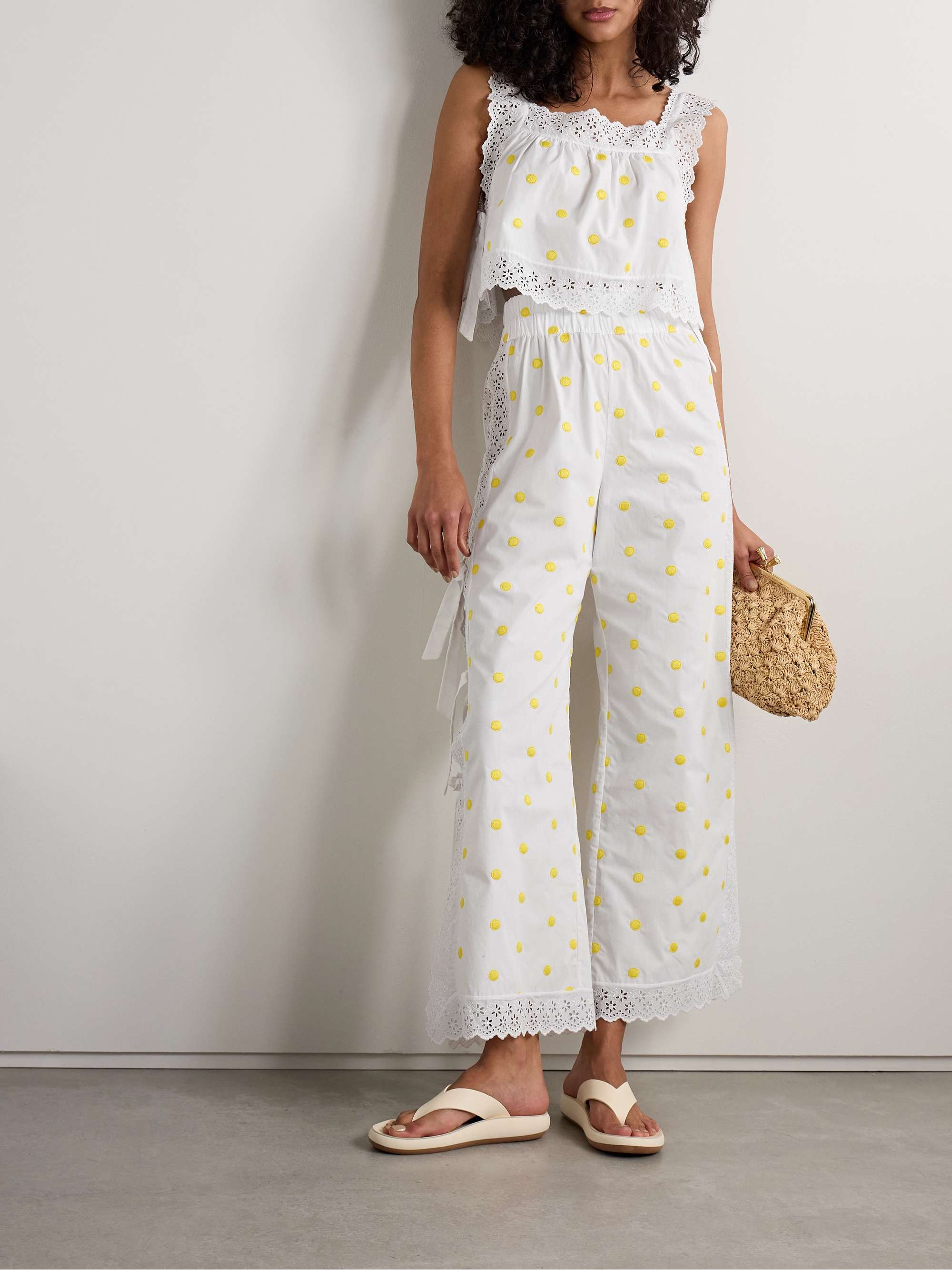 Broderie anglaise-trimmed polka-dot cotton wide-leg pants view