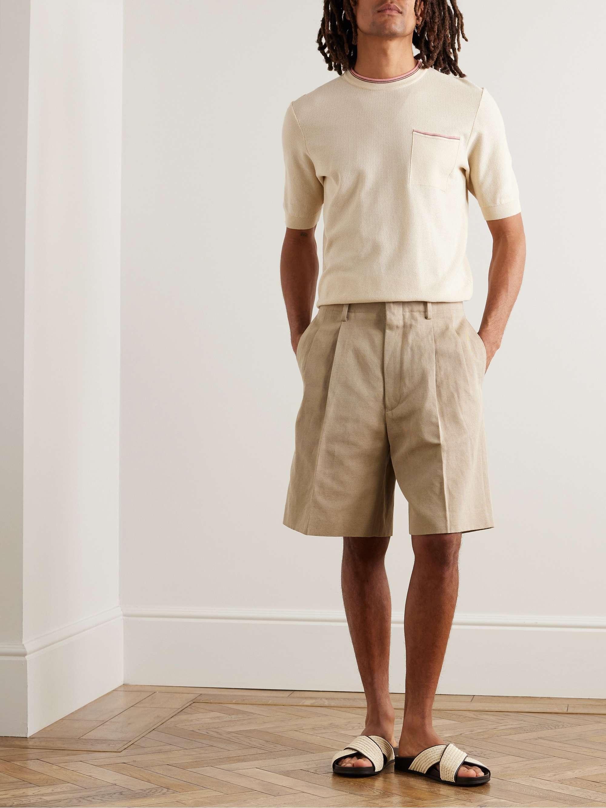 Joetsu Wide-Leg Pleated Cotton and Linen-Blend Twill Shorts view