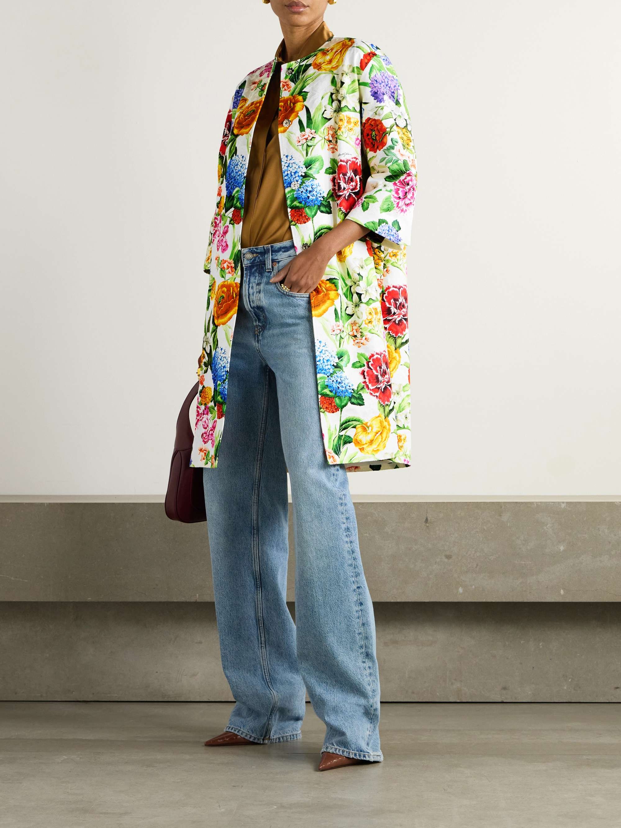 Floral-print cotton-blend jacquard coat view