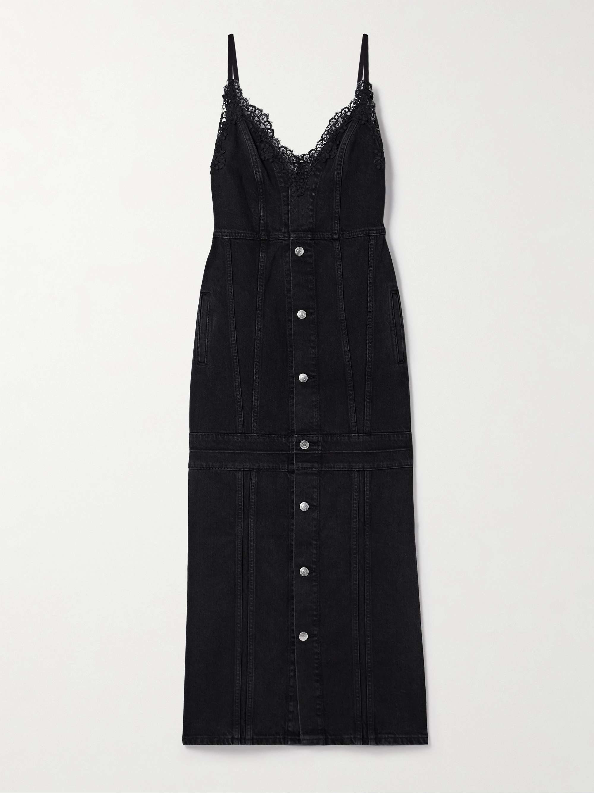 Lace-trimmed paneled organic denim midi dress hero visual