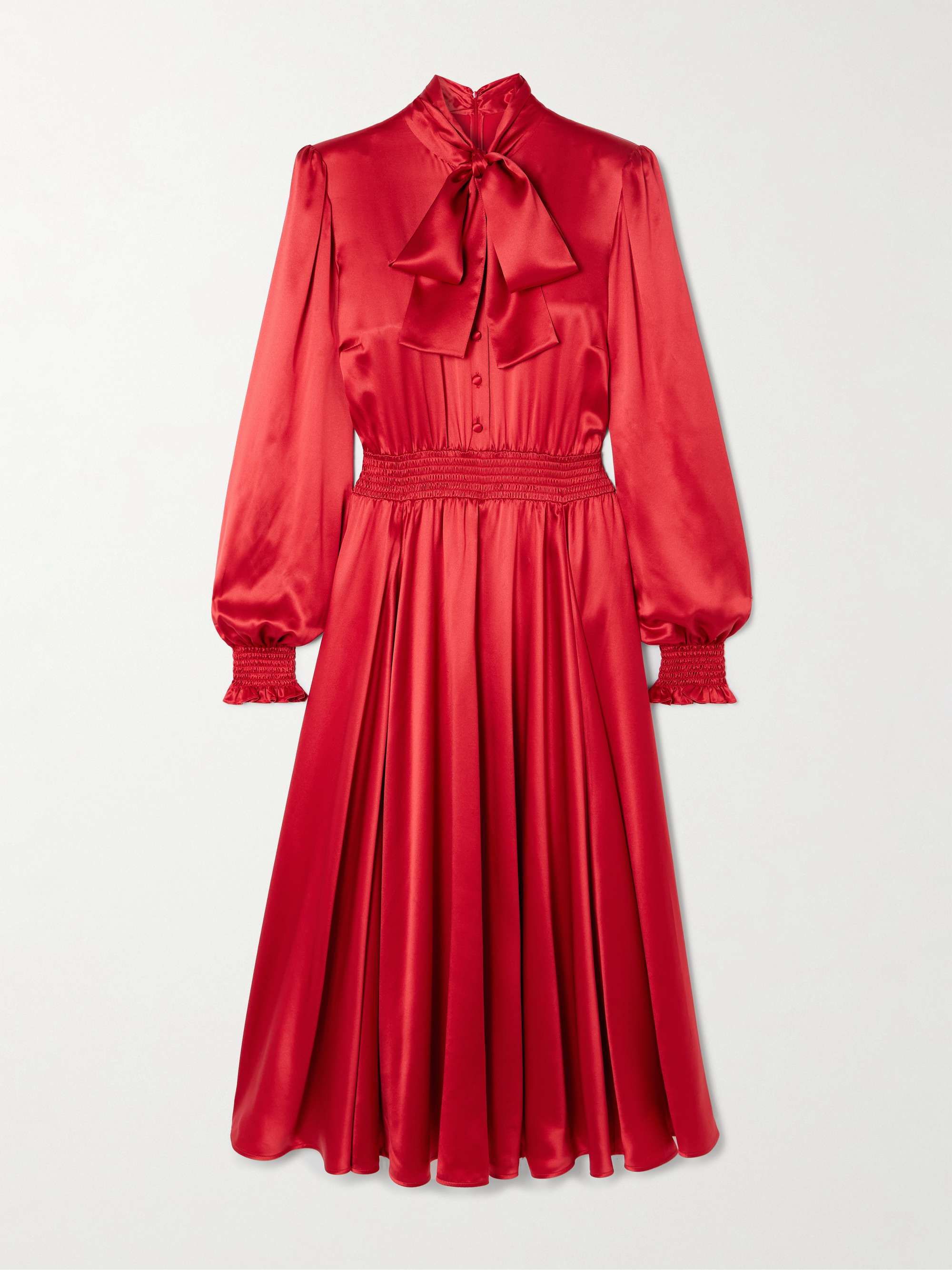Pussy-bow smocked pleated silk-satin midi dress hero visual