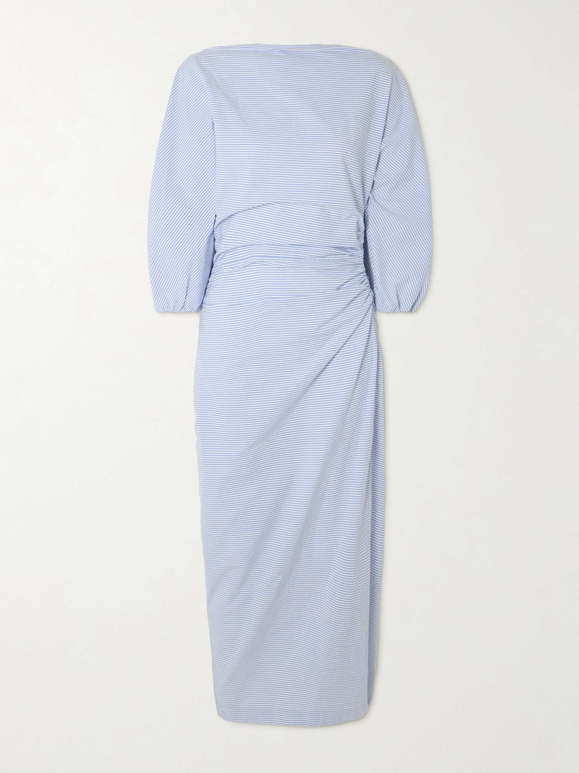Ezra ruched striped cotton-seersucker midi dress hero visual