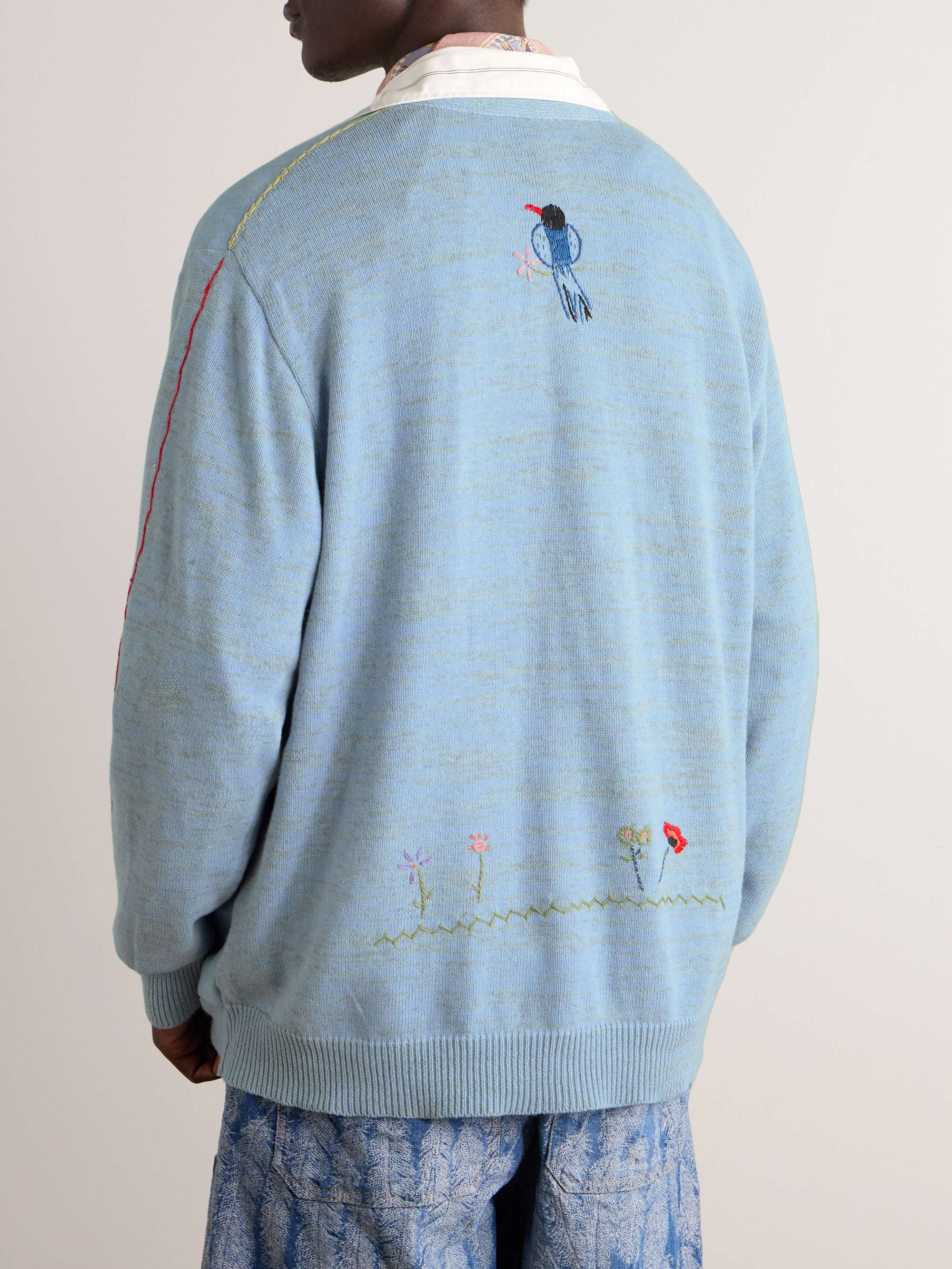 Magpie Embroidered Chambray-Trimmed Cotton Cardigan view
