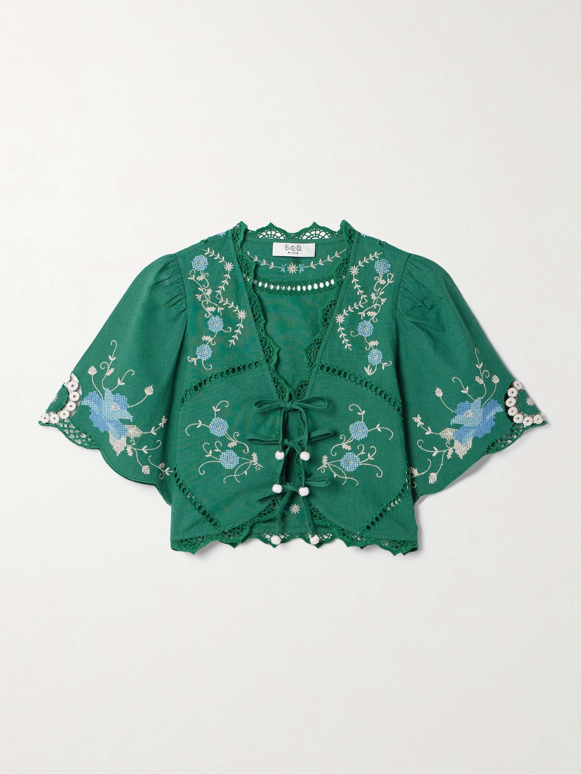 Vesna cropped crochet-trimmed embroidered cotton and linen-blend top hero visual