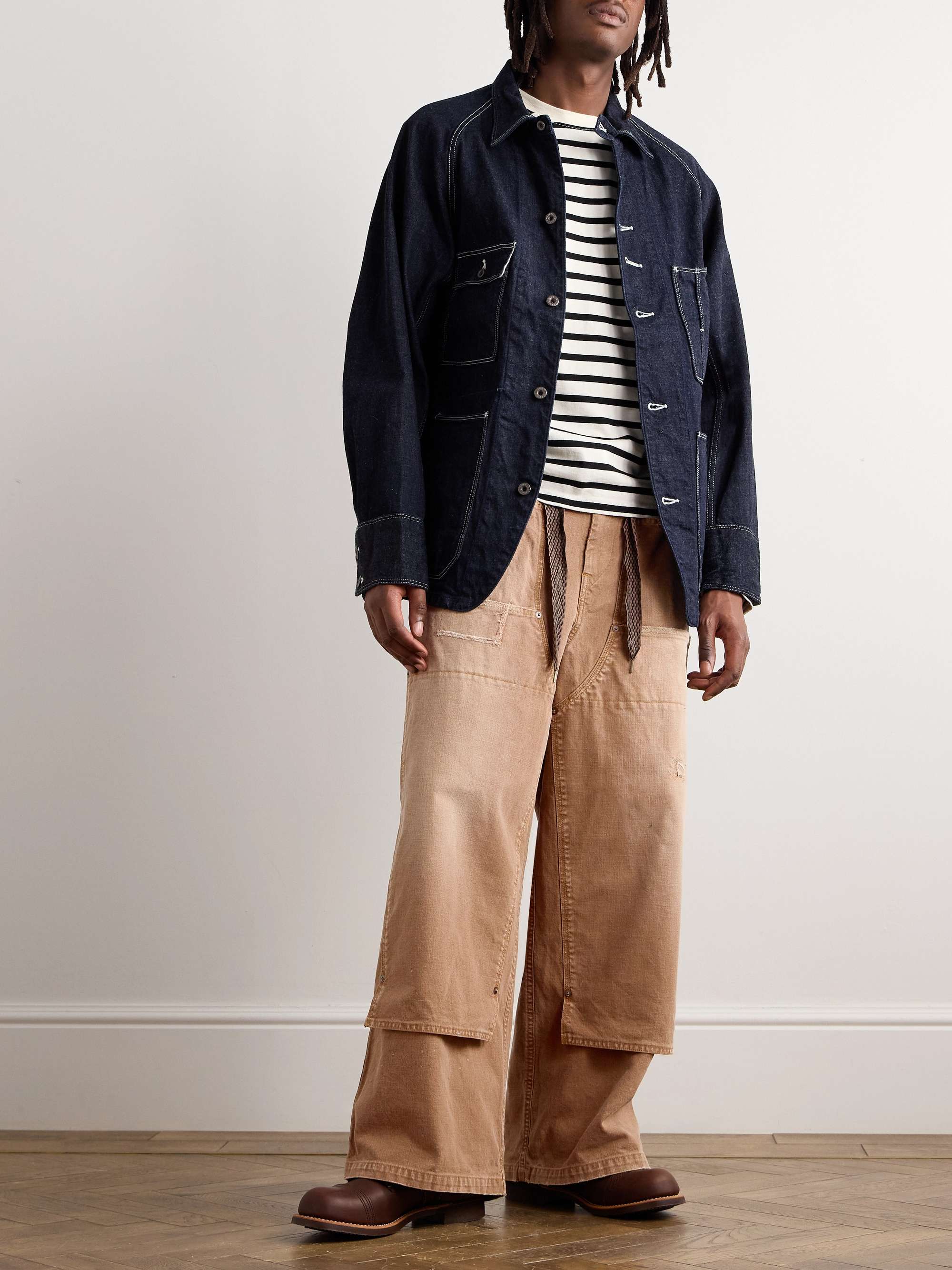 Farmer Wide-Leg Logo-Appliquéd Distressed Cotton Trousers view