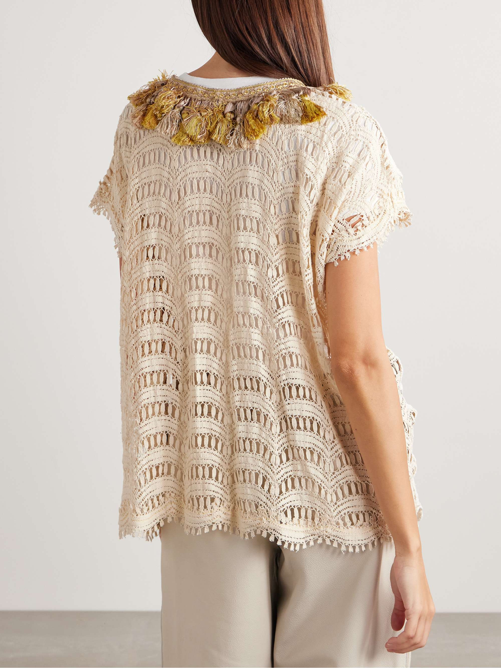 Tasseled patchwork crocheted cotton top view