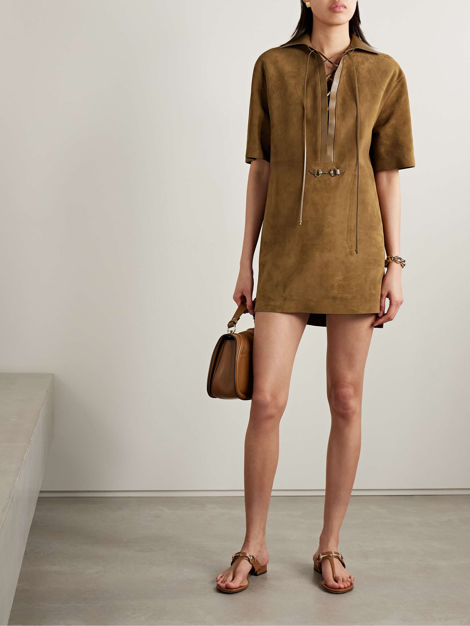 Horsebit-detailed leather-trimmed suede mini dress view