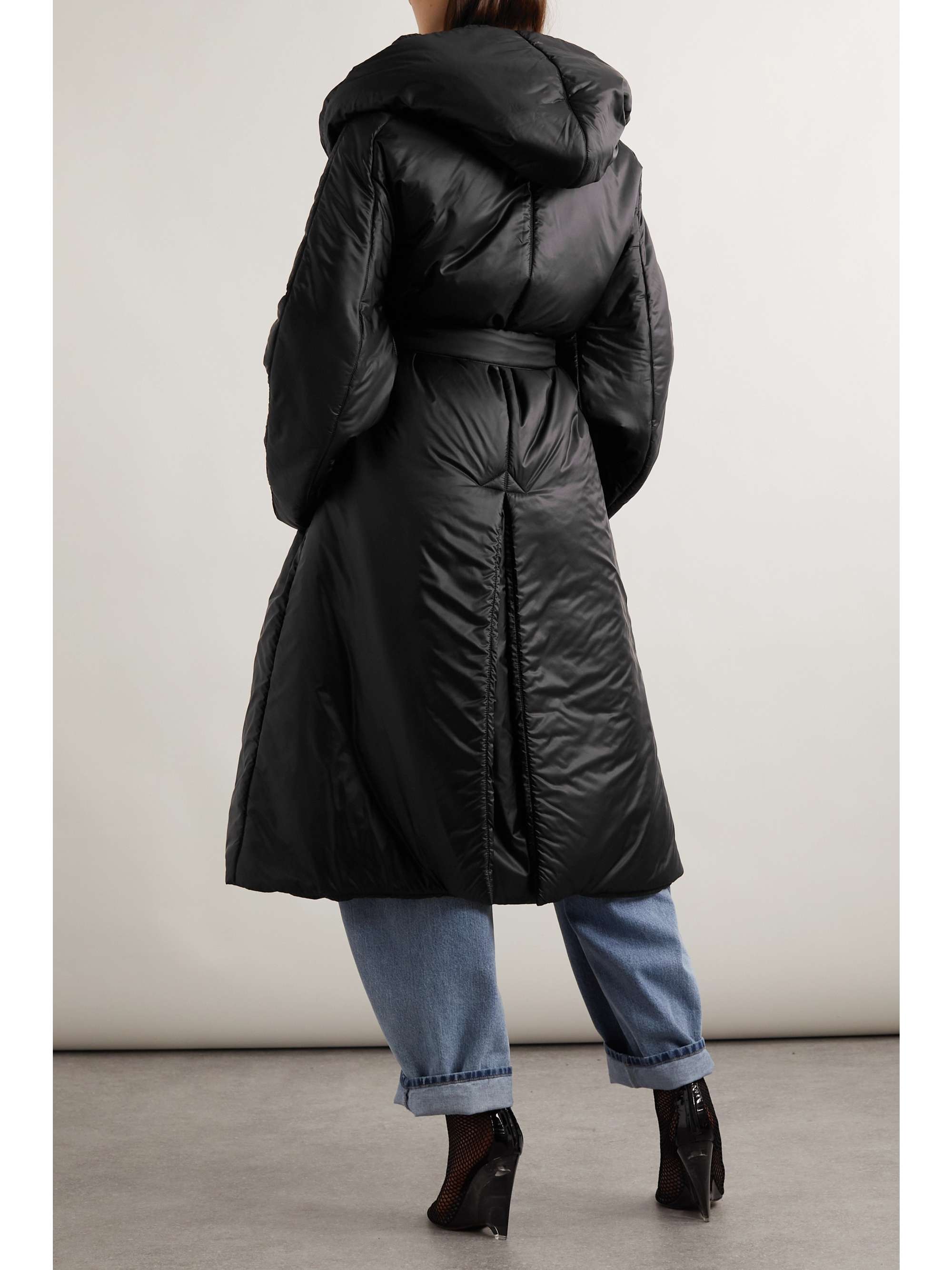 Belted padded hooded shell coat view
