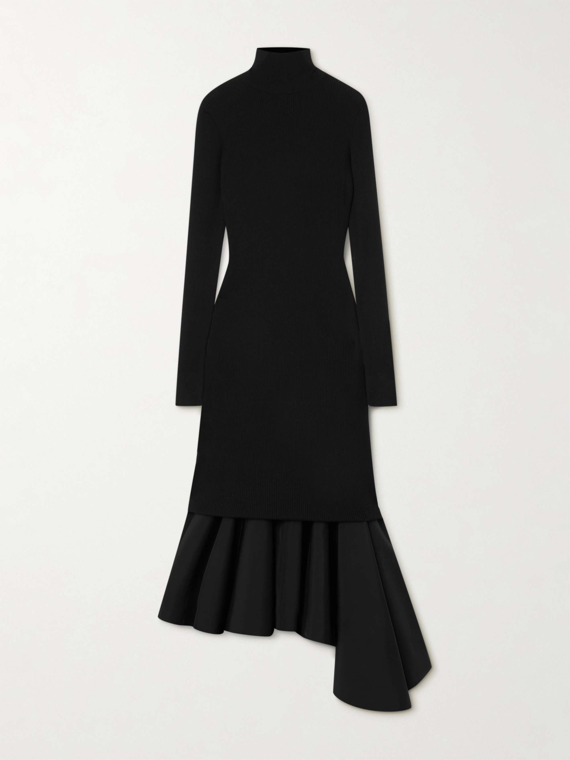 Asymmetric satin-trimmed ribbed-knit turtleneck midi dress hero visual
