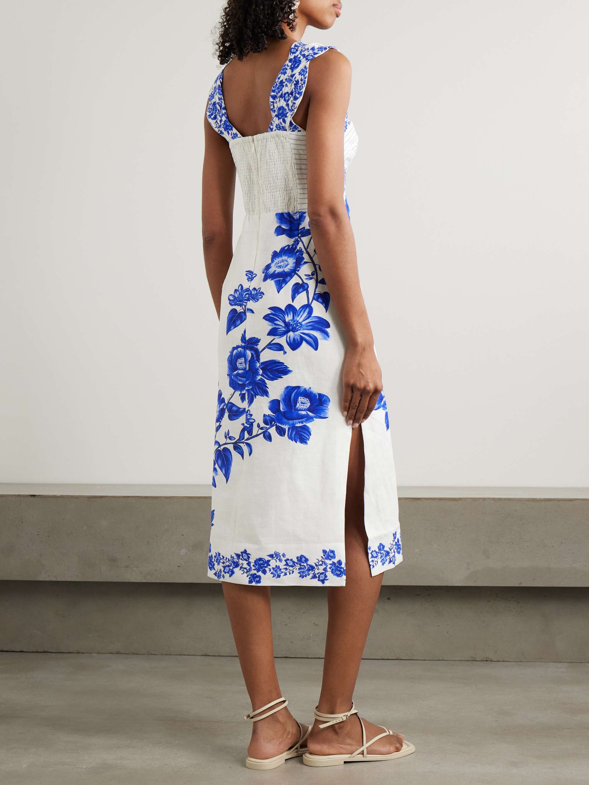 Cascade shirred printed linen midi dress view