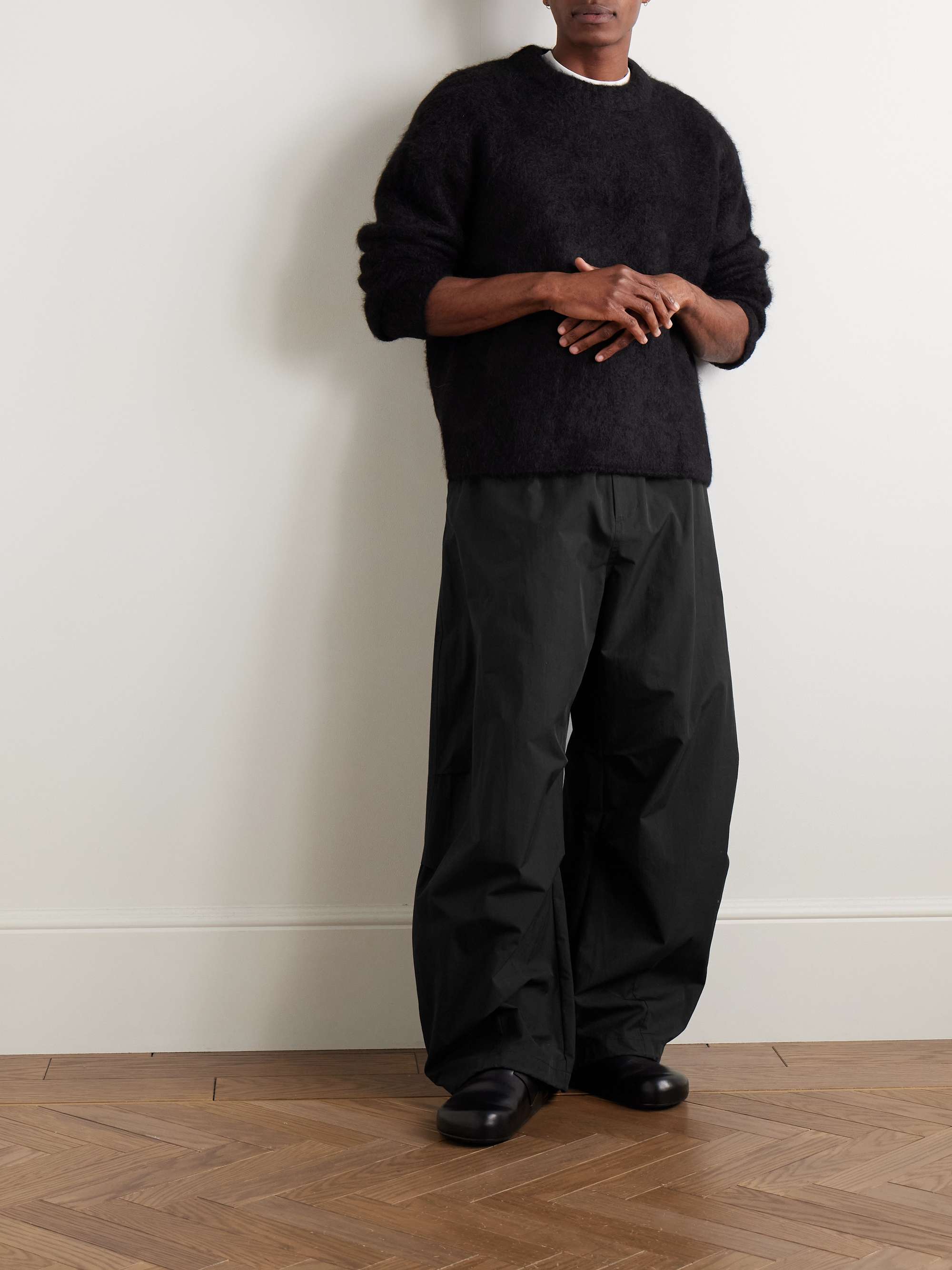 Wide-Leg Cotton-Blend Twill Drawstring Trousers view