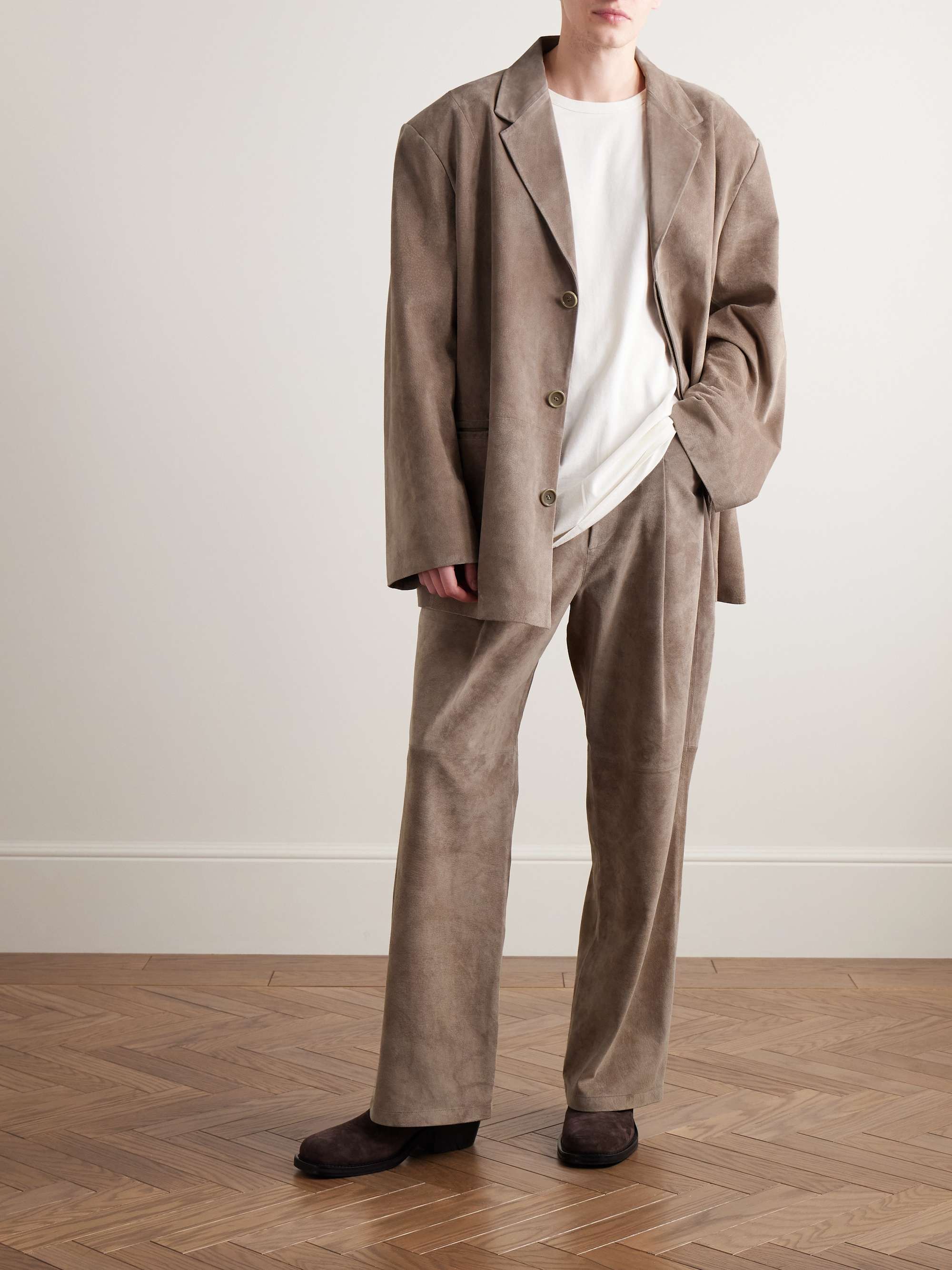 Straight-Leg Pleated Suede Trousers view