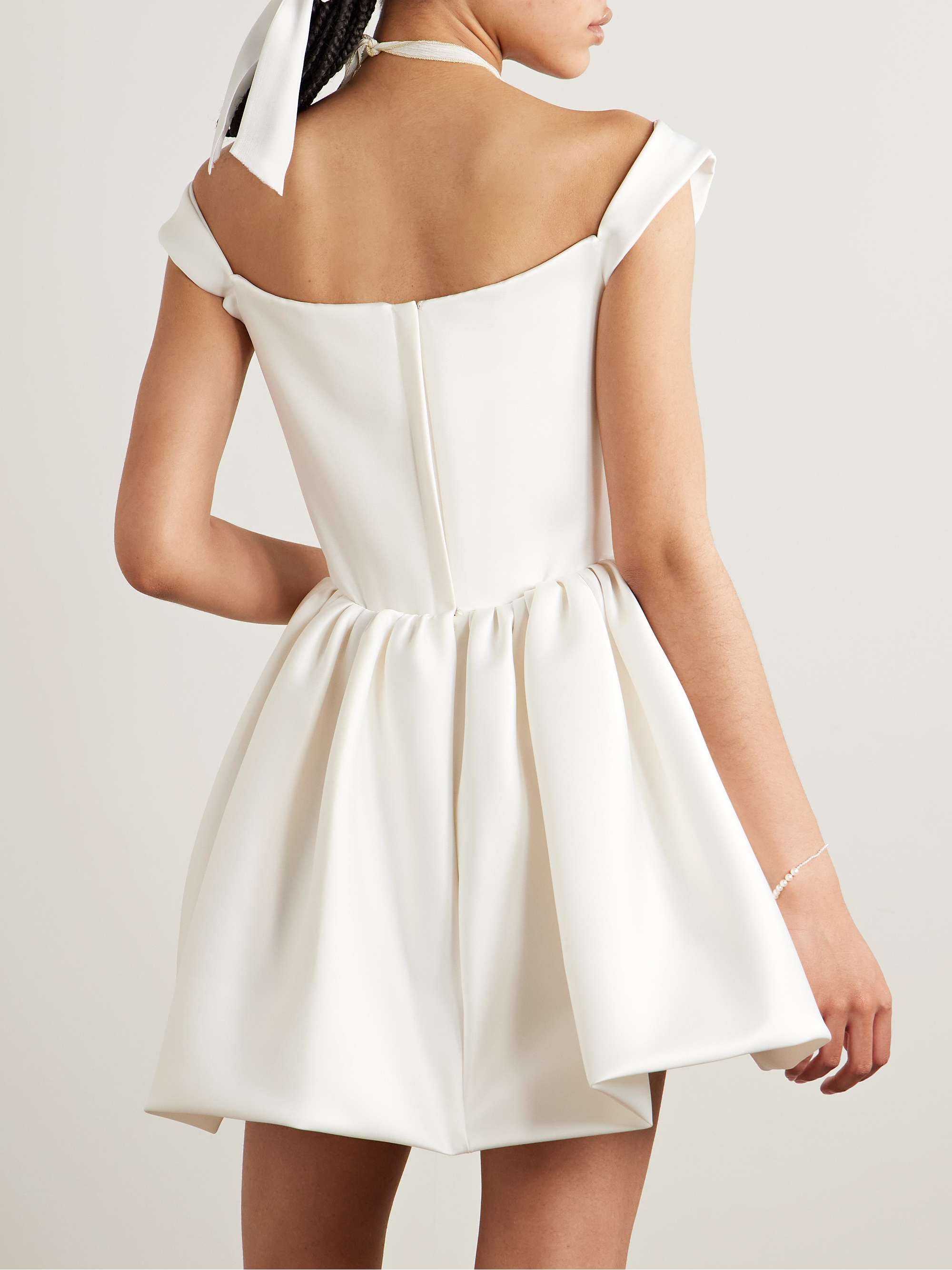 Bagatelle off-the-shoulder gathered duchesse silk-satin mini dress view