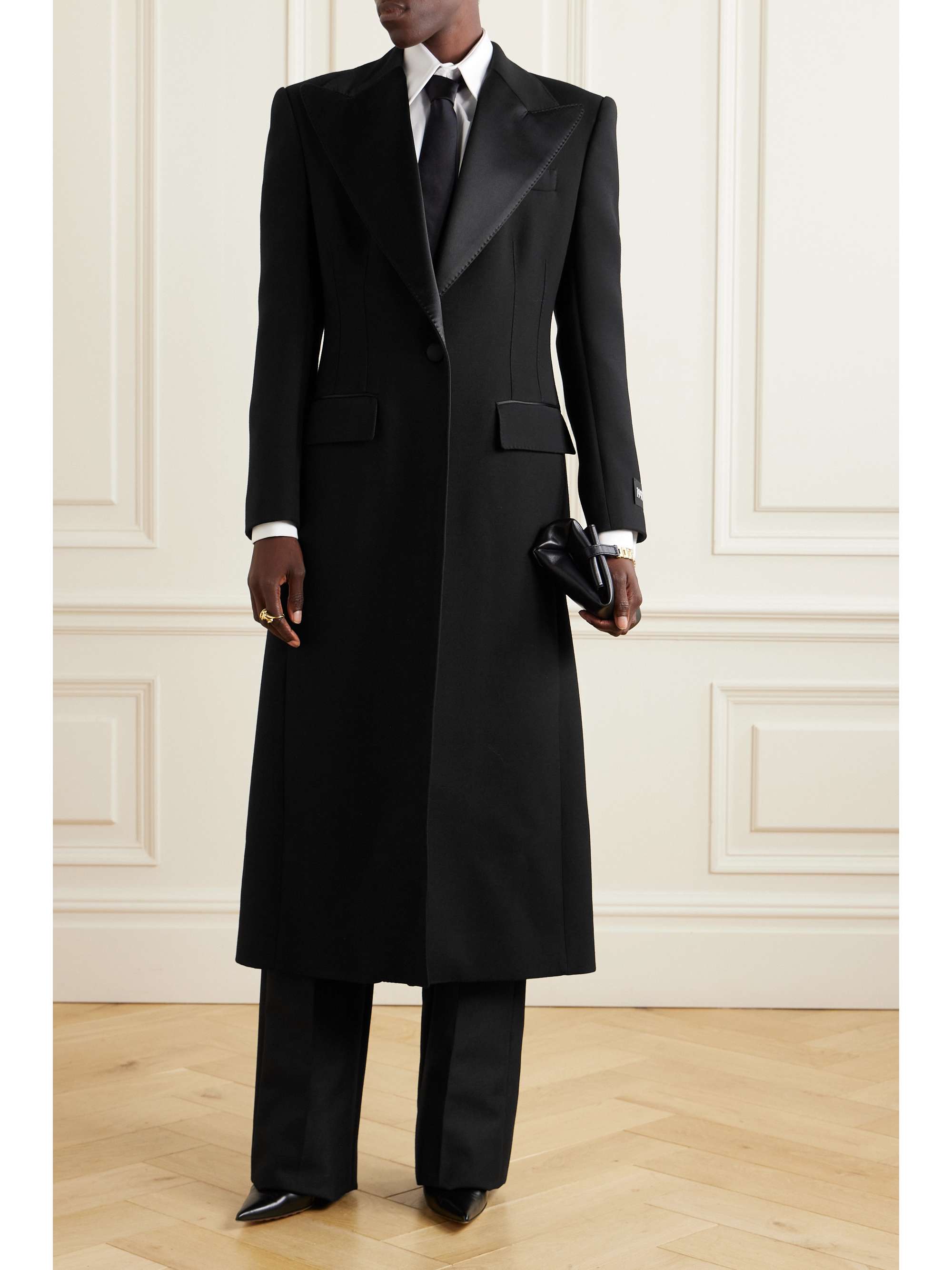 Satin-trimmed wool-blend coat view