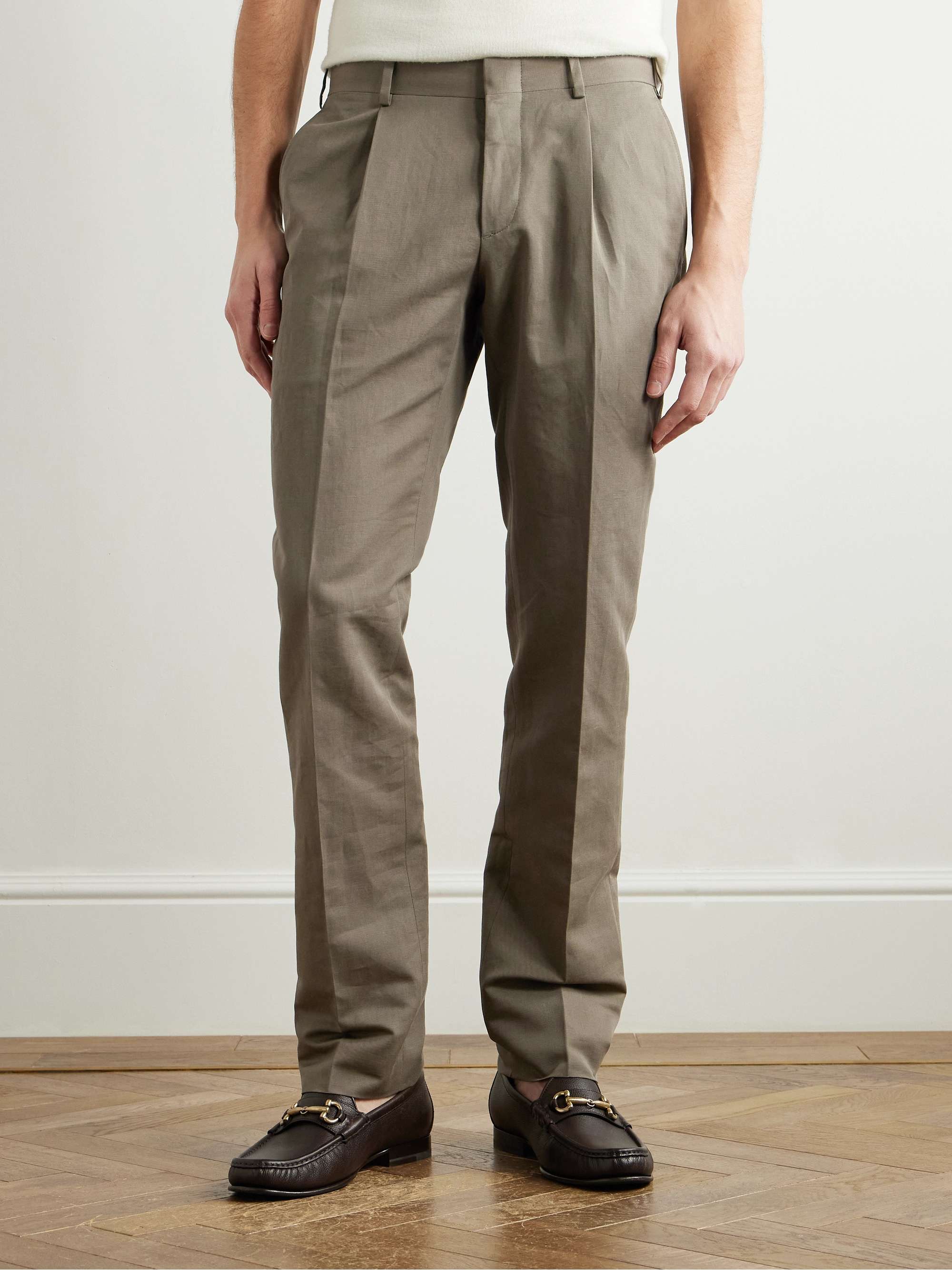 Pienza Tapered Pleated Linen and Cotton-Blend Trousers view