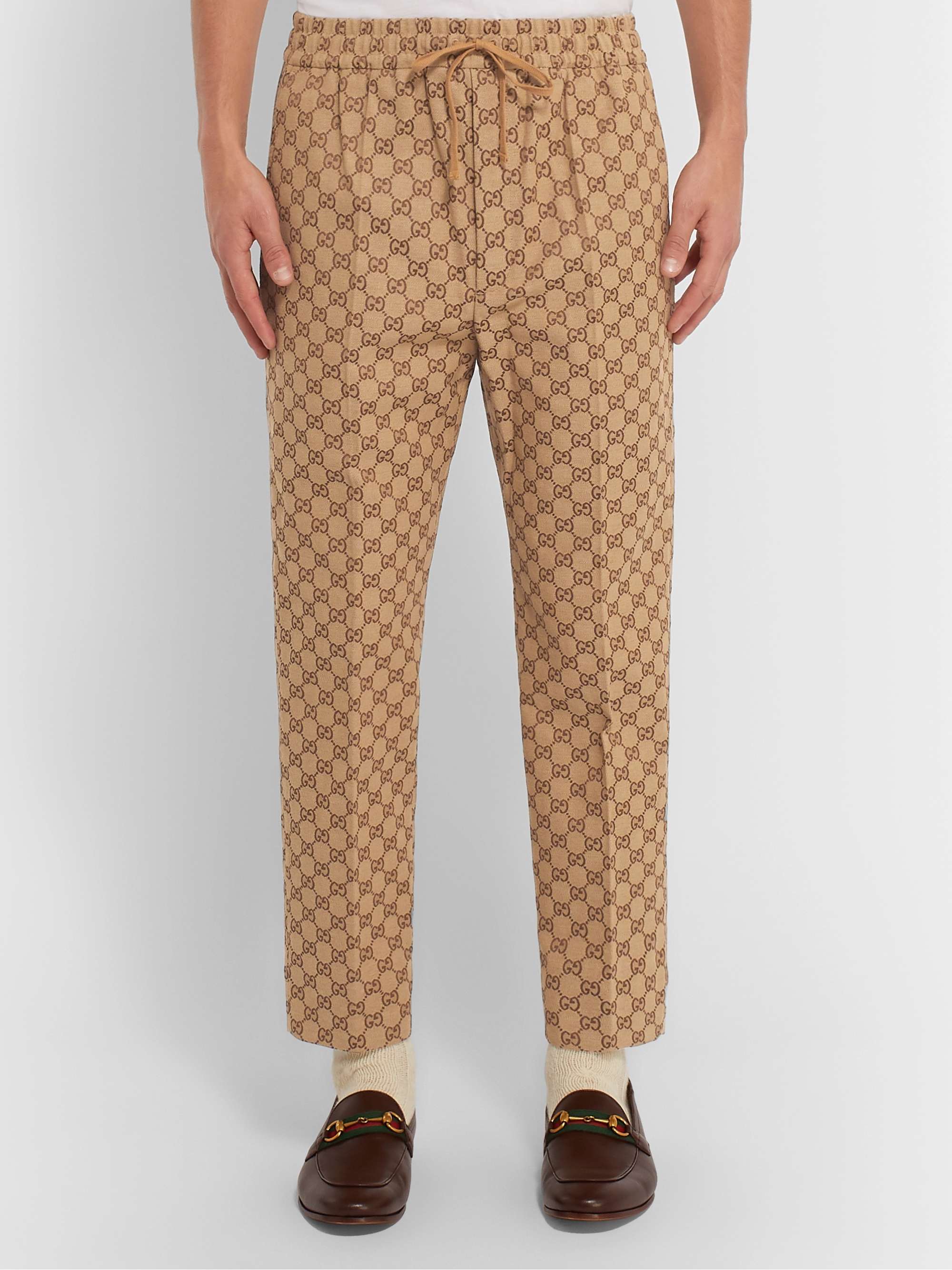 Beige Tapered Cropped Logo-Jacquard Cotton-Blend Suit Trousers view