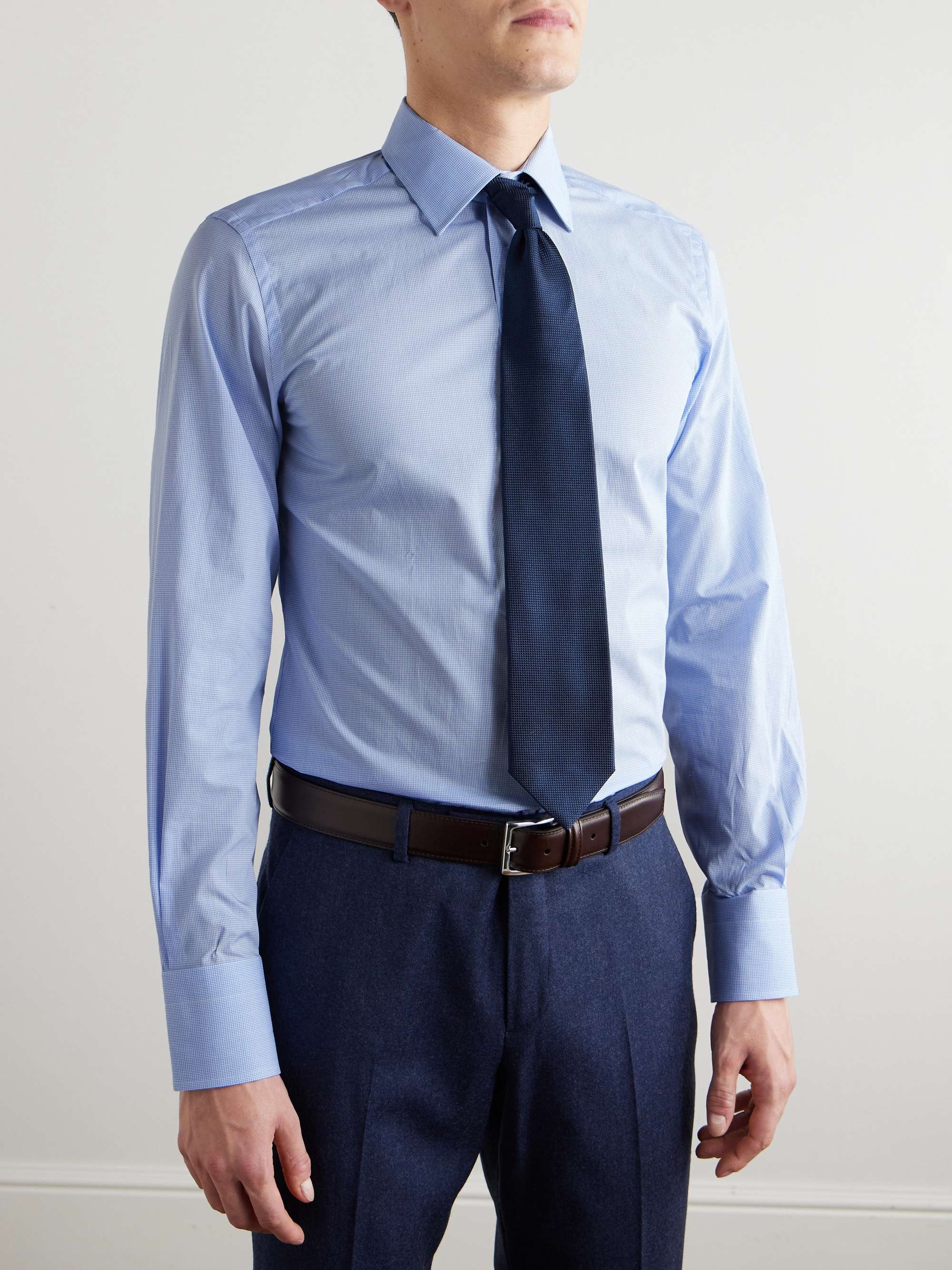 Slim-Fit Cutaway-Collar Checked Cotton-Dobby Shirt view