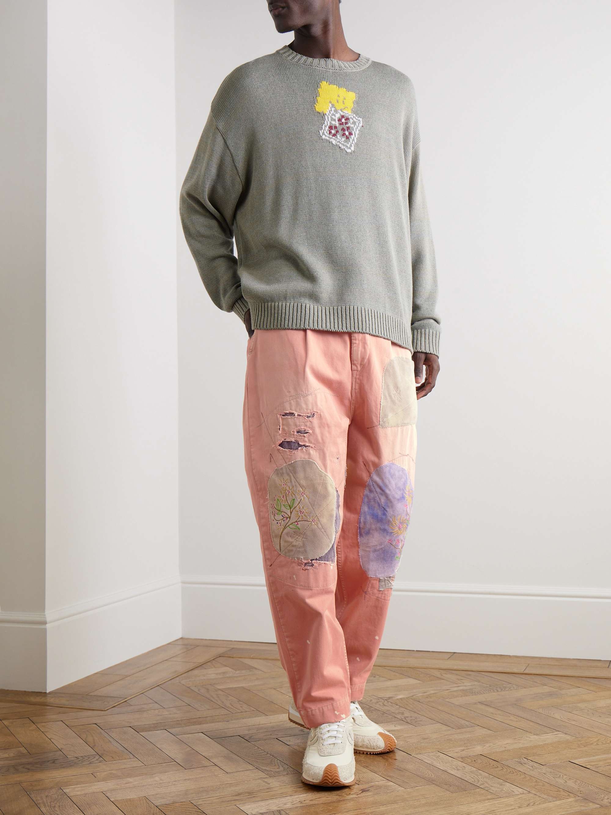 Katsuragi Tapered Appliquéd Distressed Cotton-Twill Trousers view