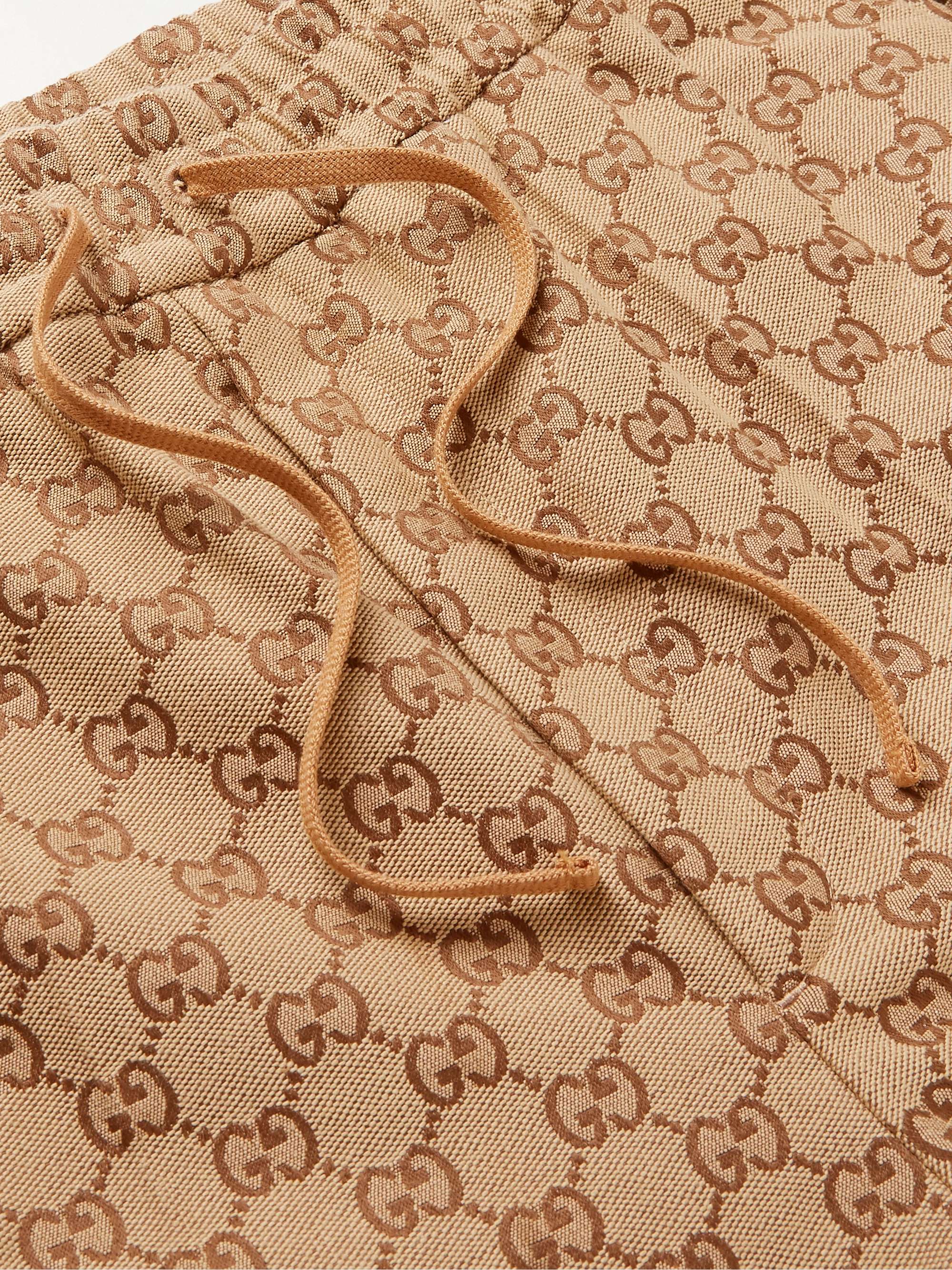 Beige Tapered Cropped Logo-Jacquard Cotton-Blend Suit Trousers view