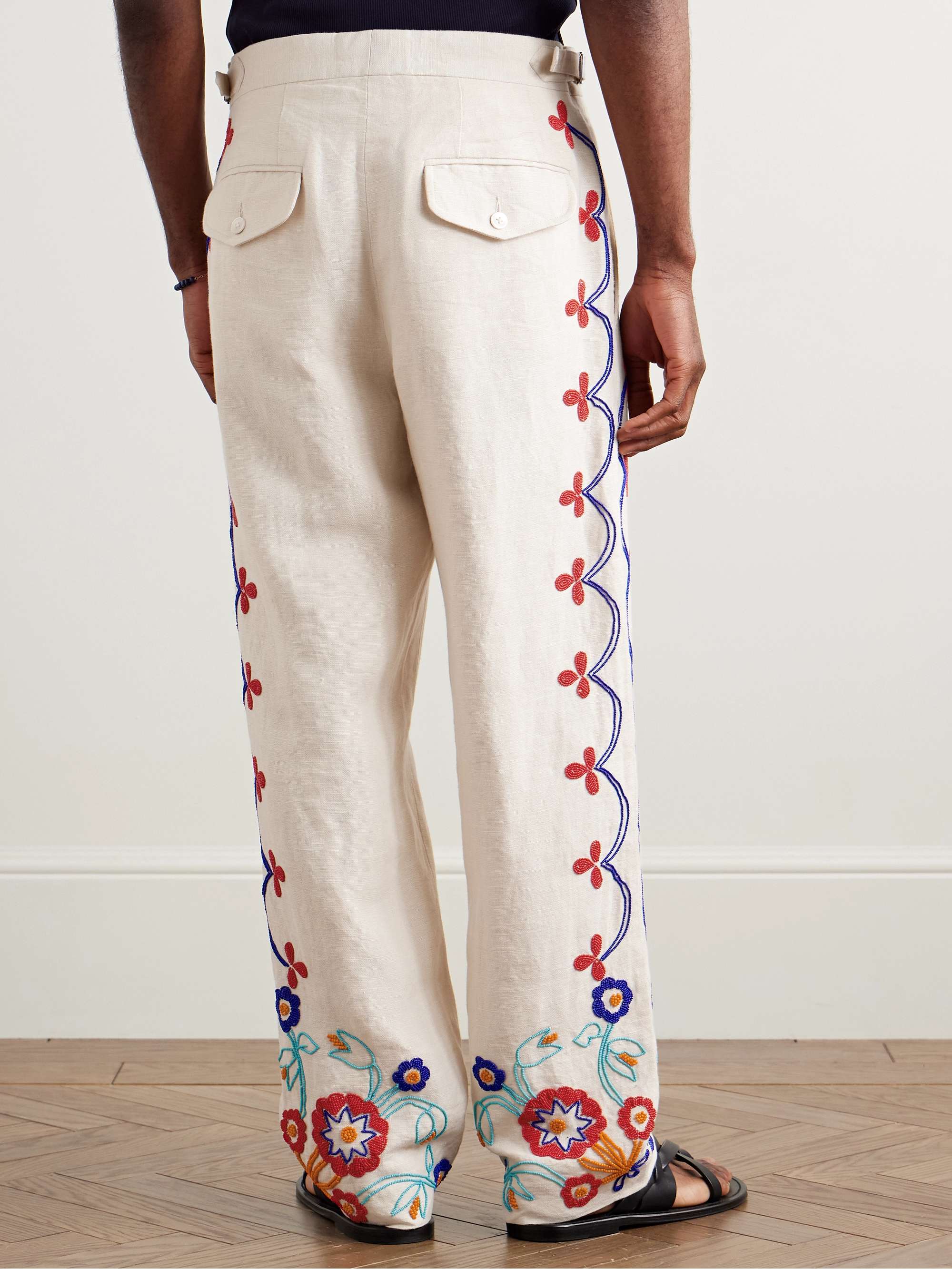 Garden Party Straight-Leg Bead-Embellished Linen Trousers view