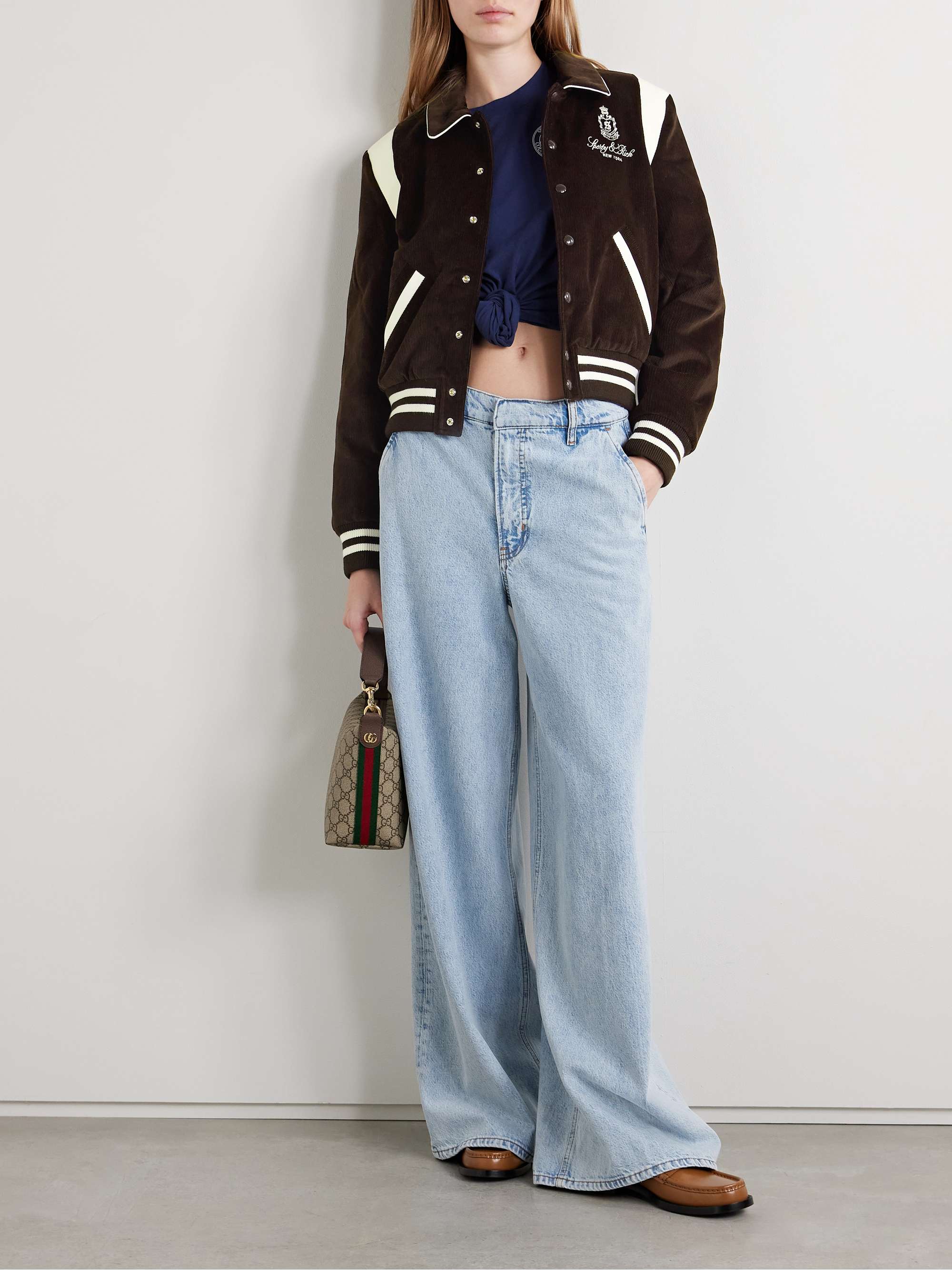 Dany leather-trimmed padded embroidered cotton-corduroy bomber jacket view