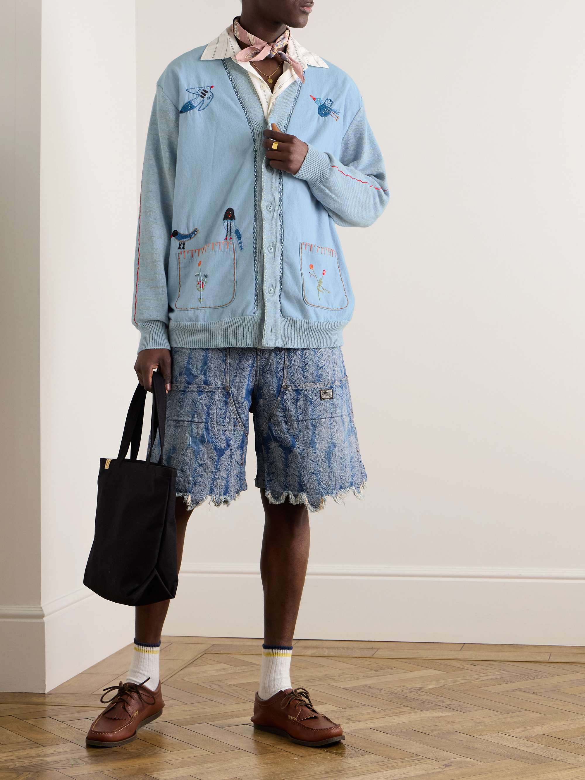 Magpie Embroidered Chambray-Trimmed Cotton Cardigan view