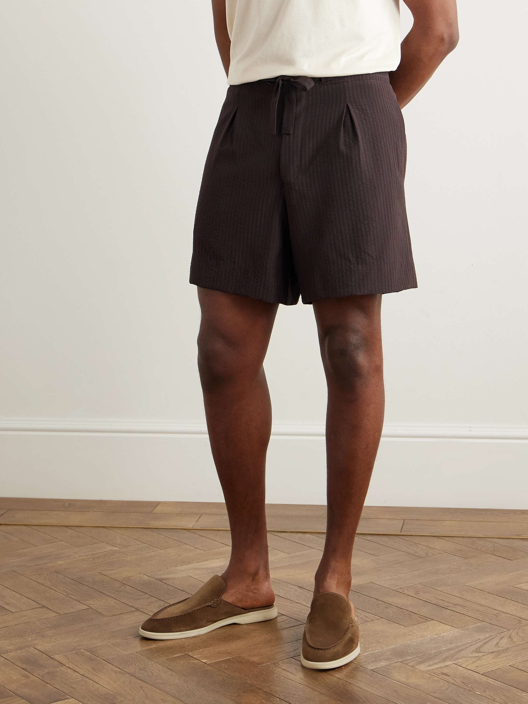 Straight-Leg Pleated Wool-Seersucker Shorts view