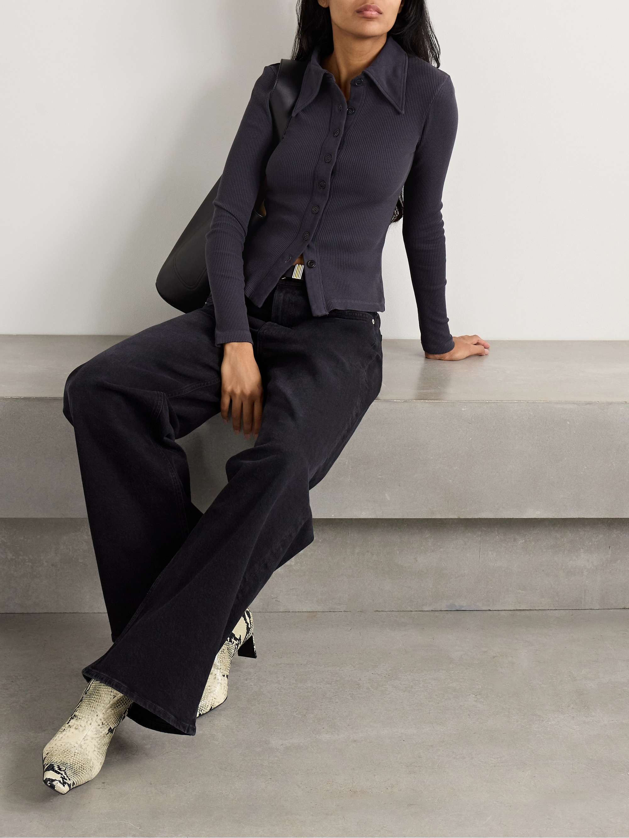 Gila ribbed stretch organic cotton and Lyocell-blend jersey polo top view