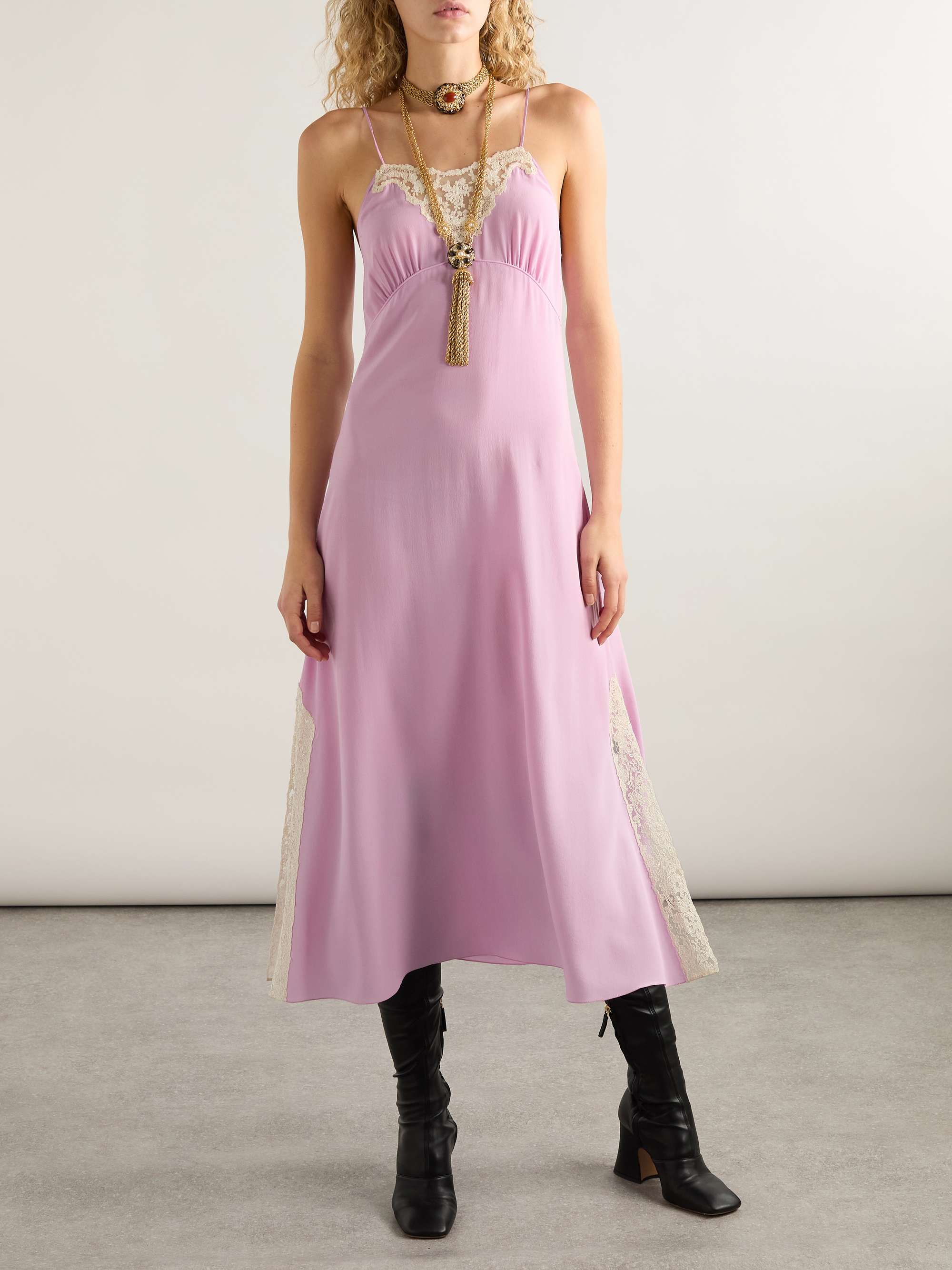Lace-trimmed silk crepe de chine midi dress view