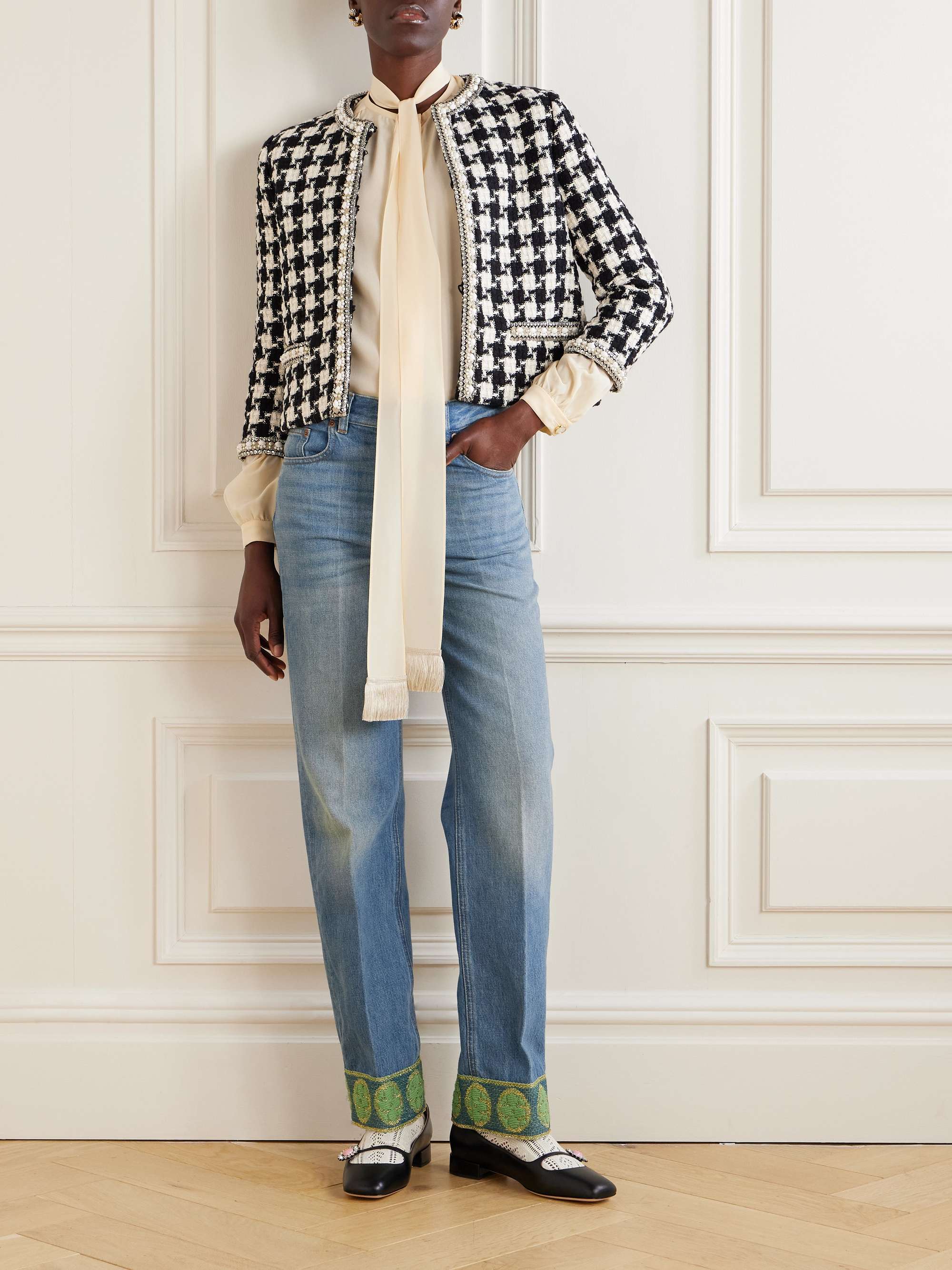 Metallic jacquard-trimmed straight-leg jeans view