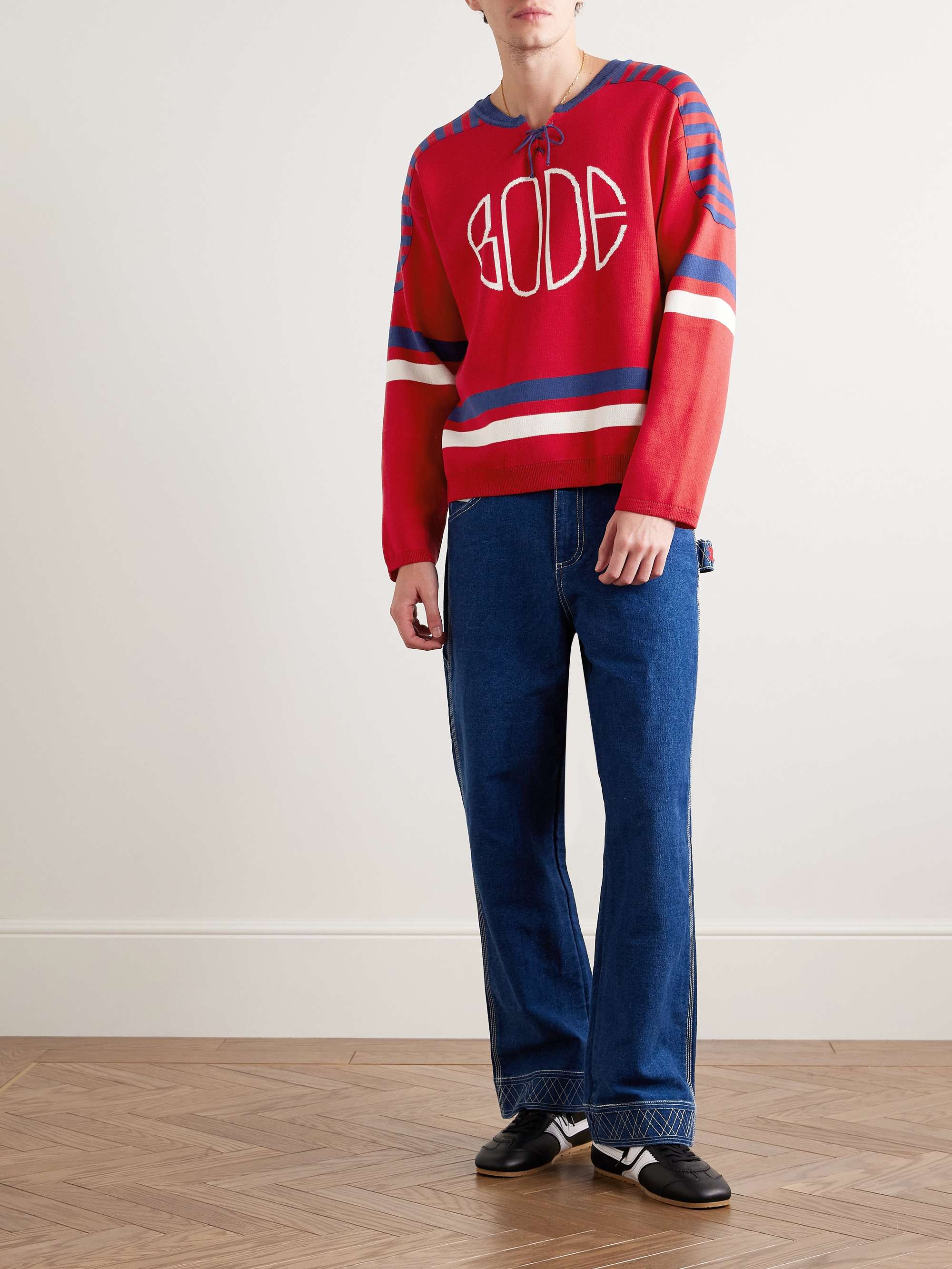 Rink Lace-Up Logo-Jacquard Striped Mako Cotton Sweater view