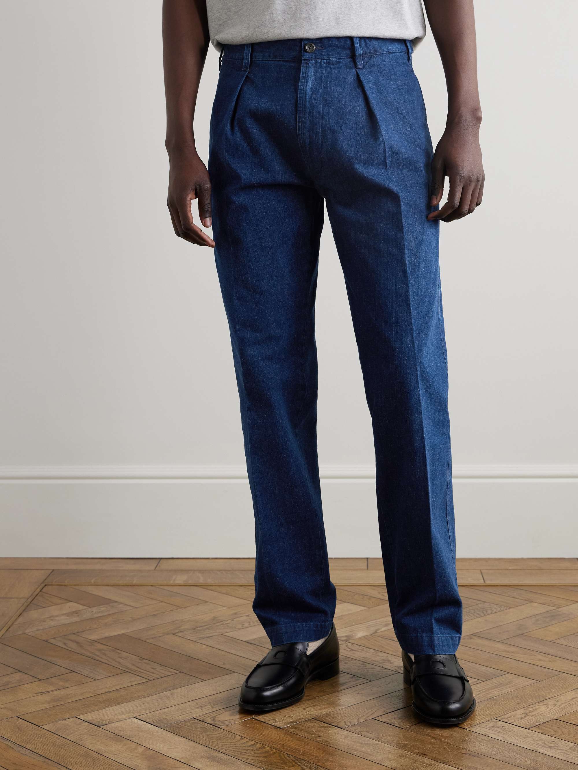 Mk. I Games Straight-Leg Pleated Indigo-Dyed Cotton and Linen-Blend Trousers view