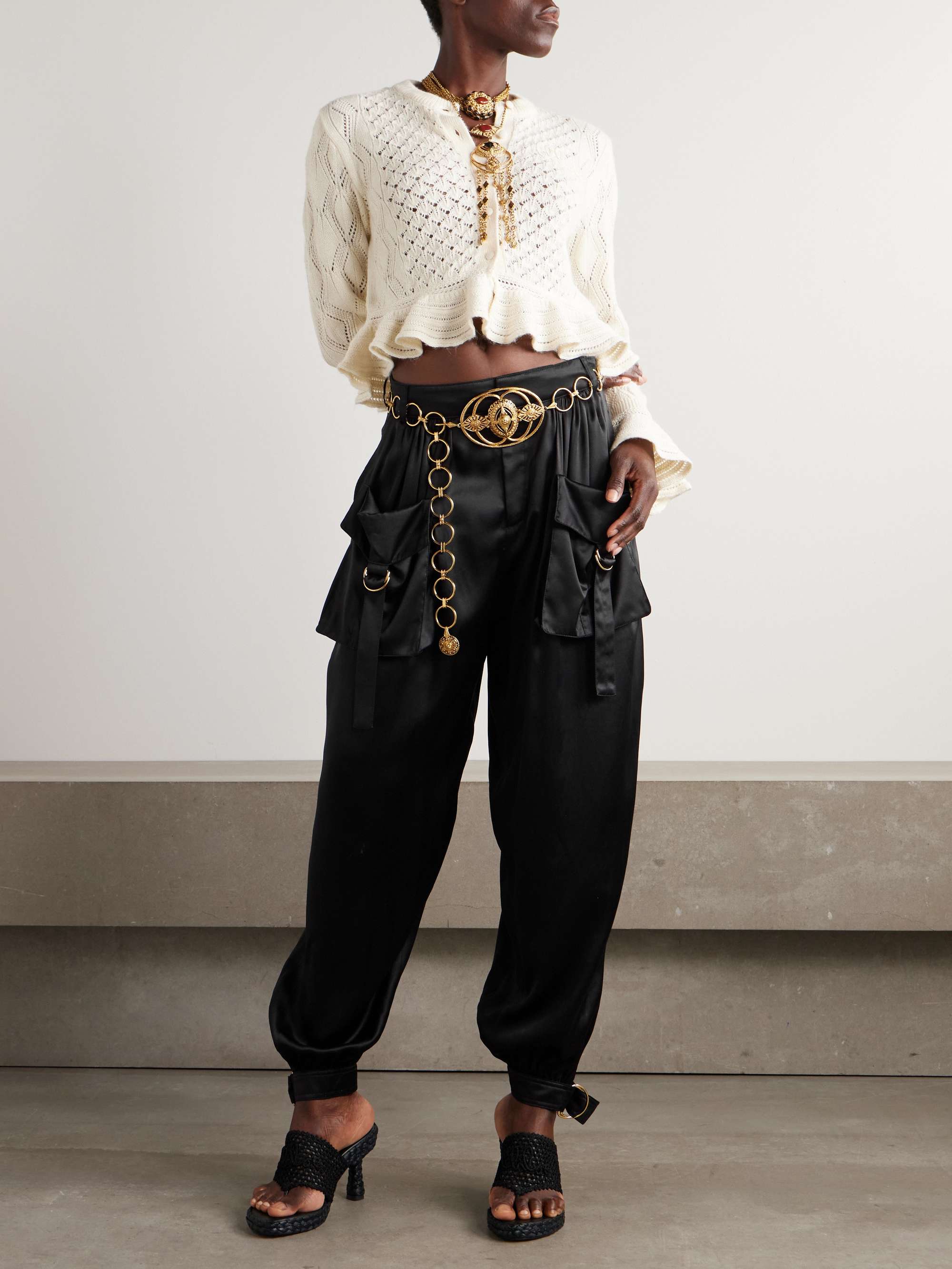 Embellished pleated silk-satin tapered pants view