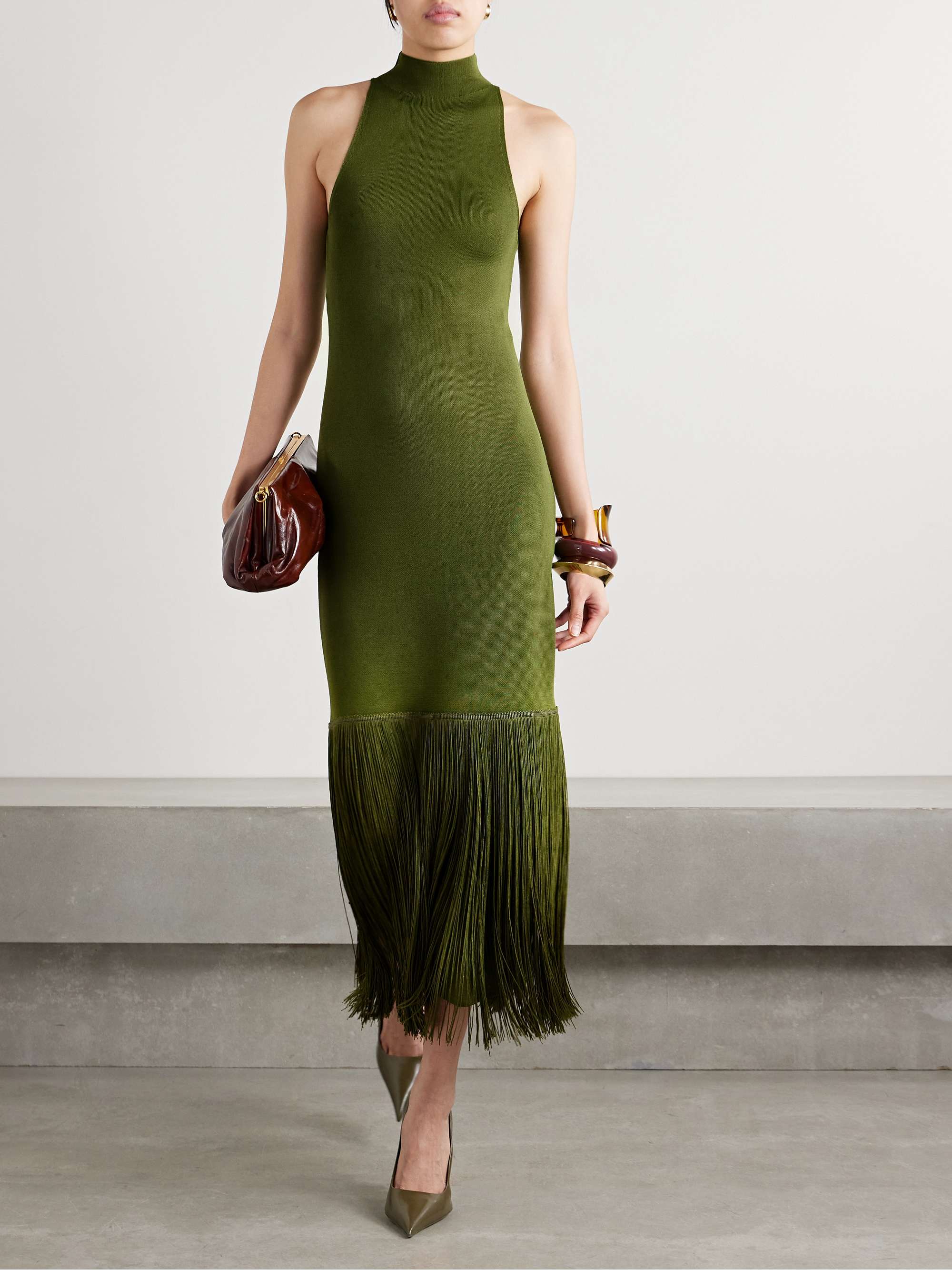 Cash fringed stretch-knit turtleneck midi dress view