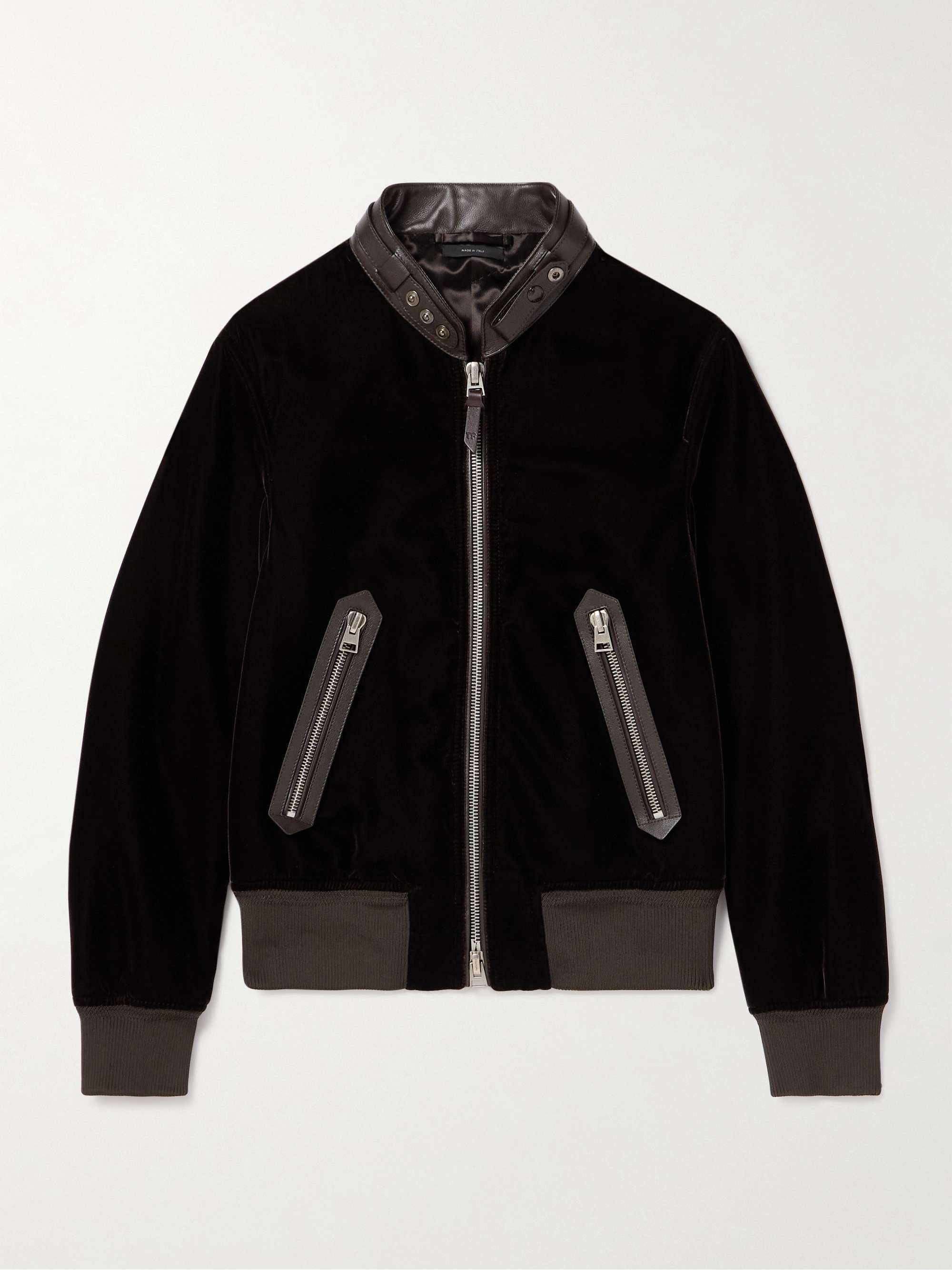 Full-Grain Leather-Trimmed Velvet Bomber Jacket hero visual