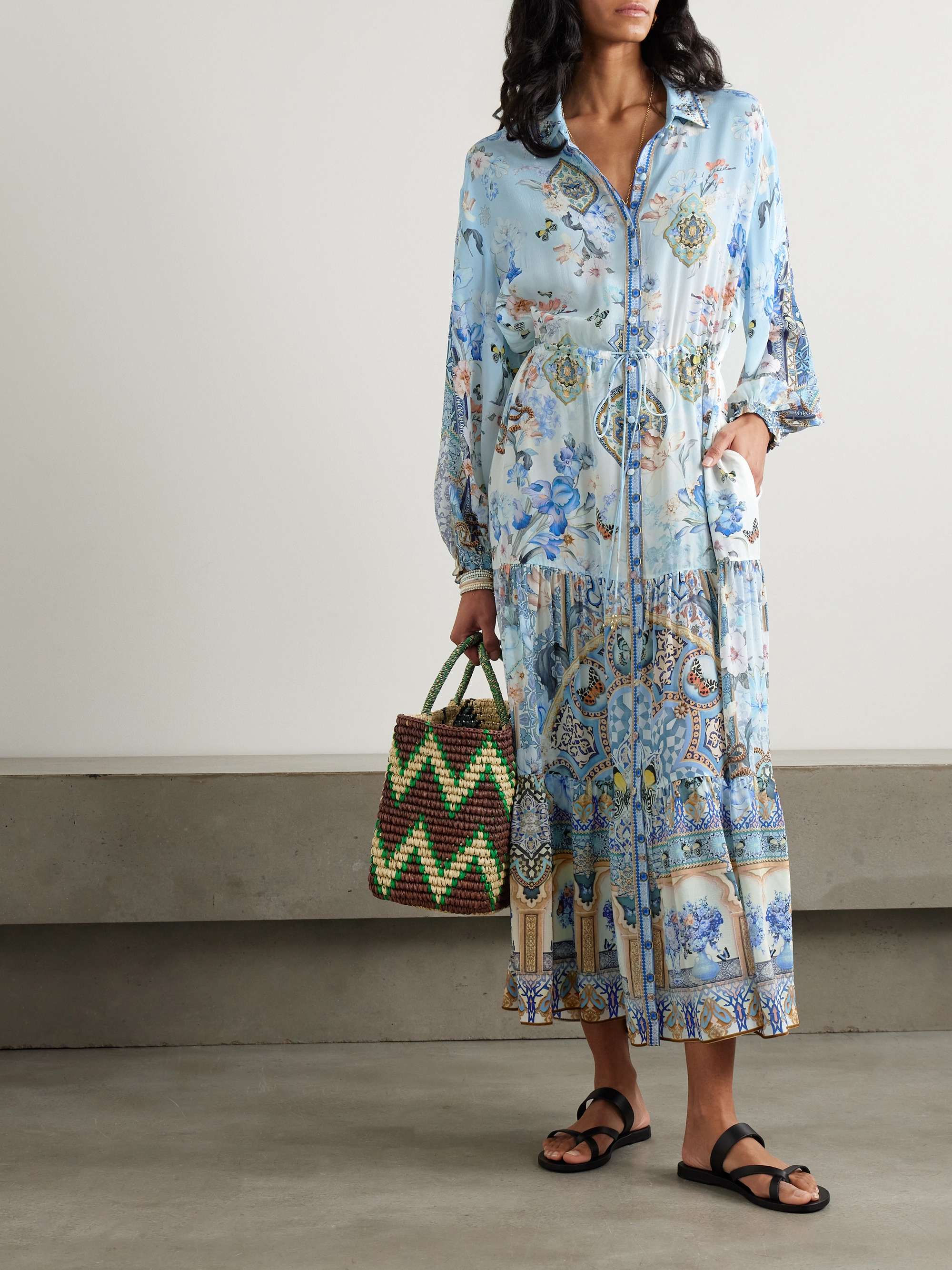 Tiered embellished printed silk-crepe maxi shirt dress view