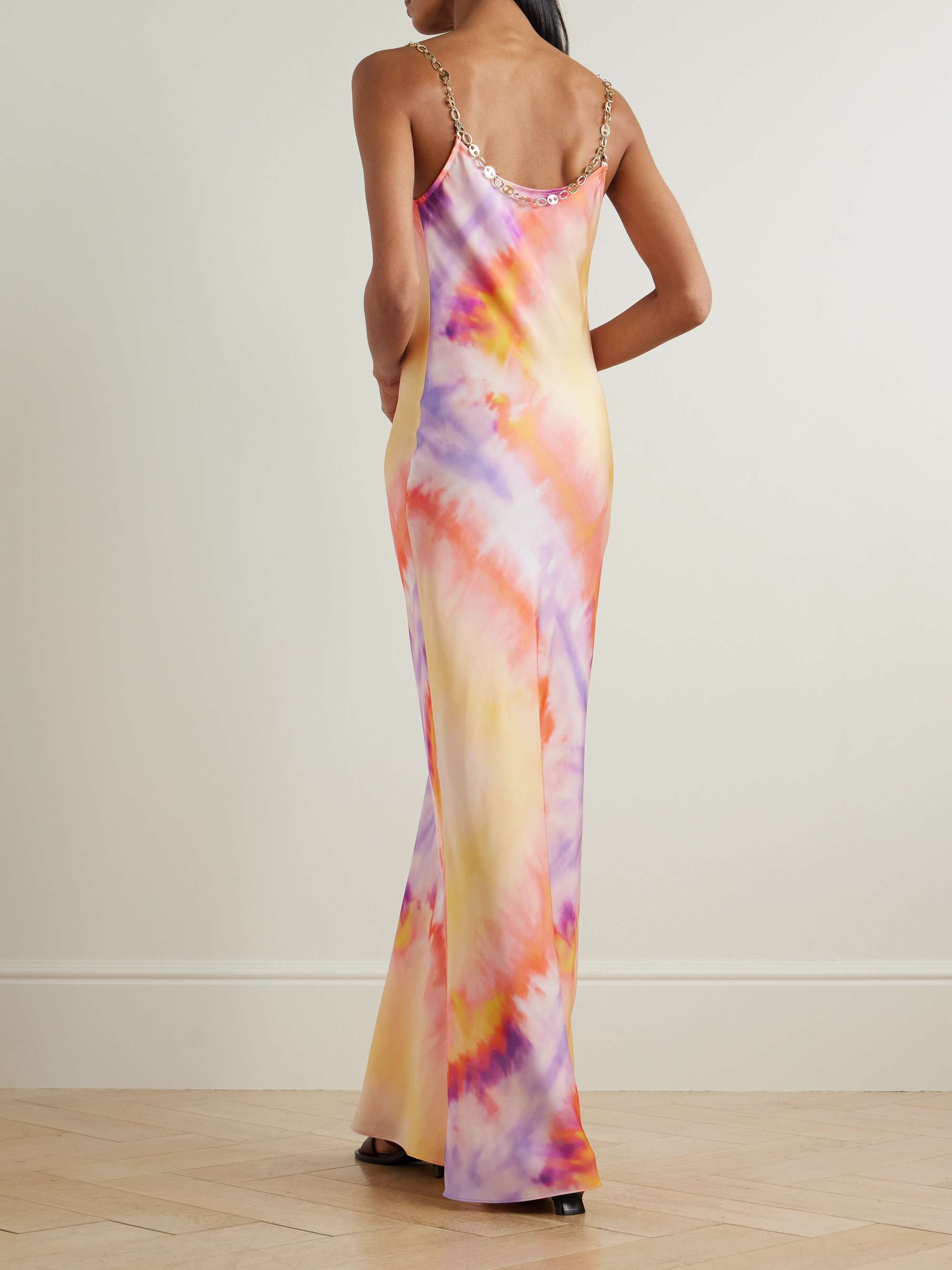 Chainmail-embellished tie-dyed satin maxi dress view