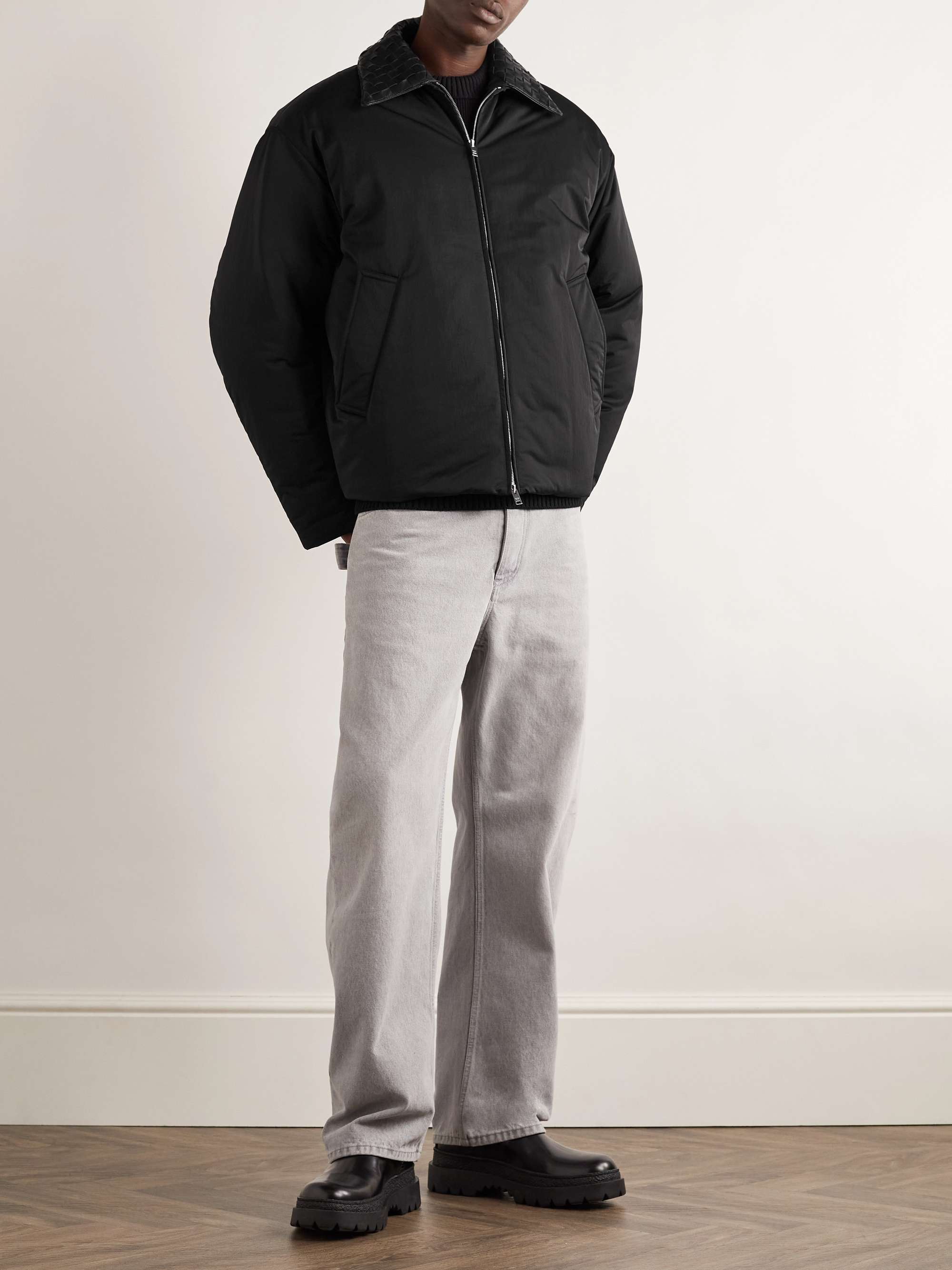 Intrecciato Leather-Trimmed Matte-Shell Down Jacket view