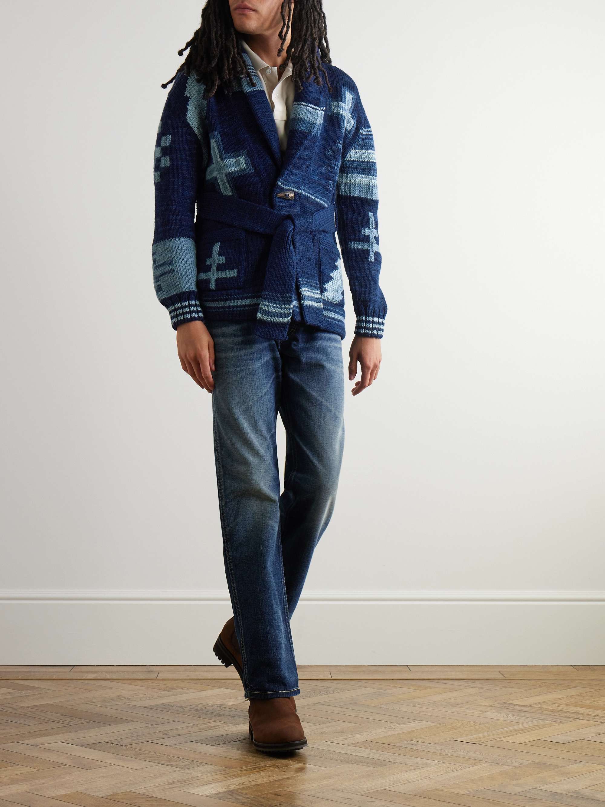 + Naiomi Glasses Shawl-Collar Belted Jacquard-Knit Wool Cardigan view