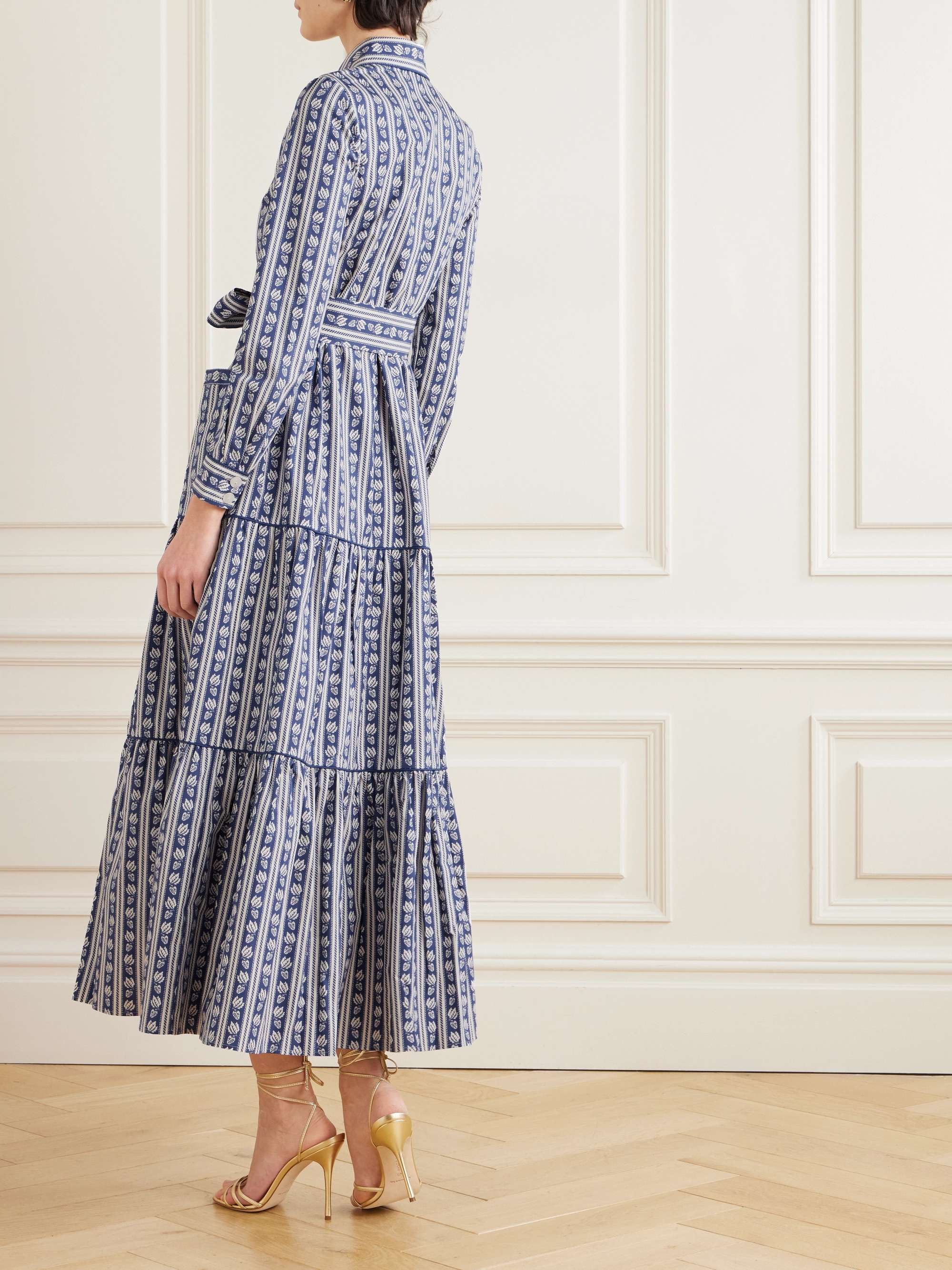 Uma belted tiered printed striped cotton-poplin midi dress view