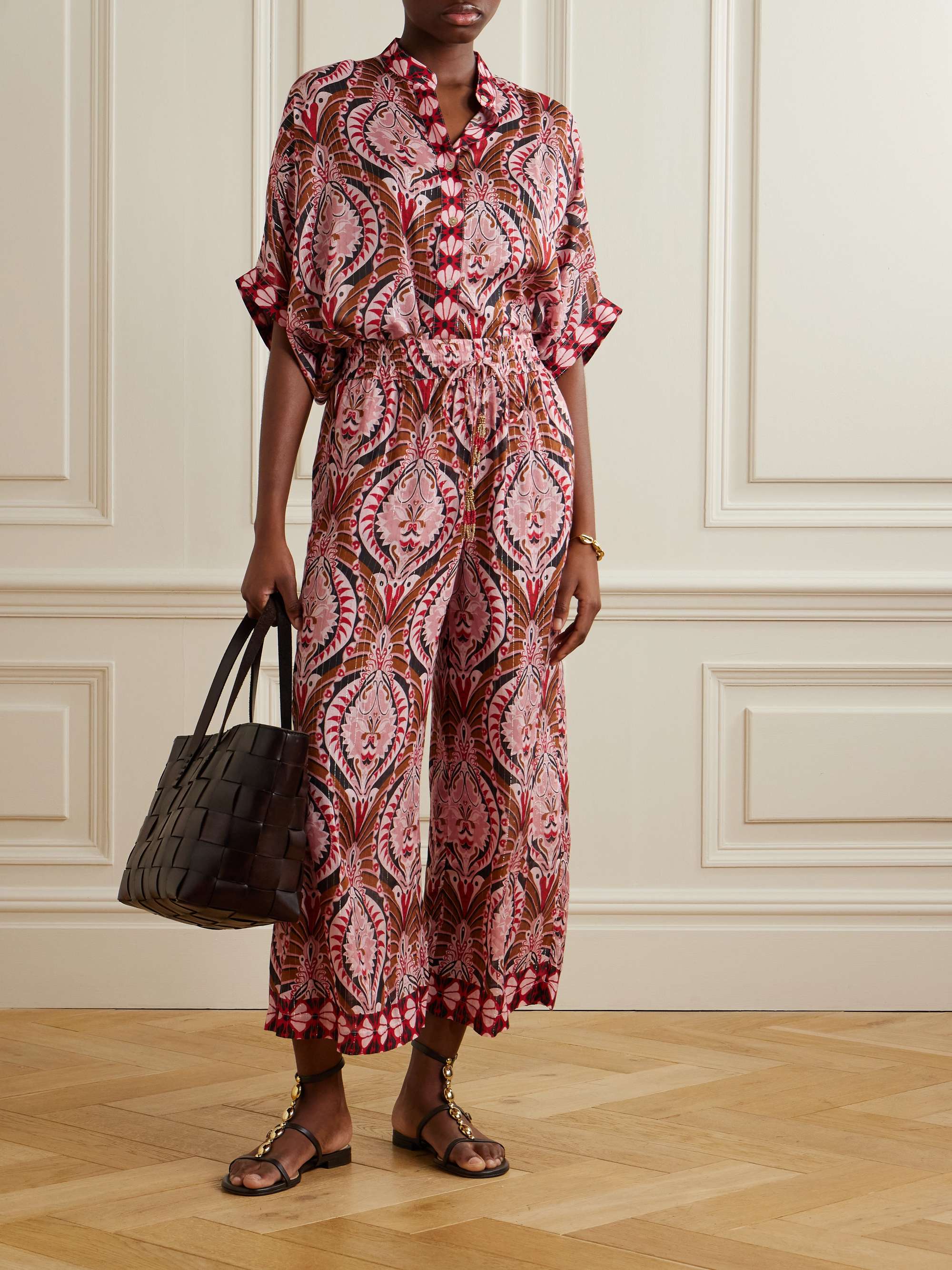 Pineapple Jewelry cropped embellished printed voile wide-leg pants view