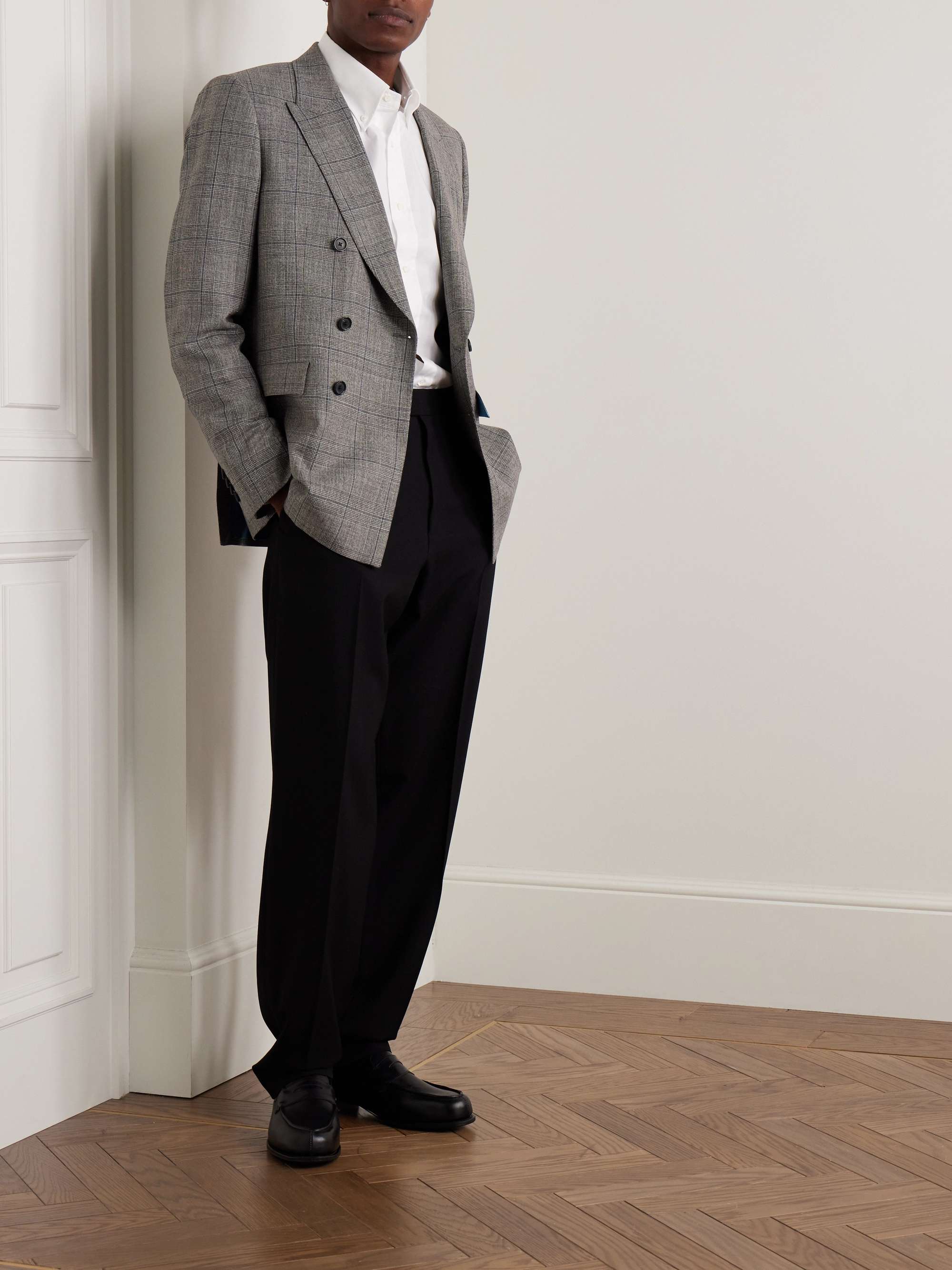 Double-Breasted Prince of Wales Checked Wool and Linen-Blend Suit Jacket view