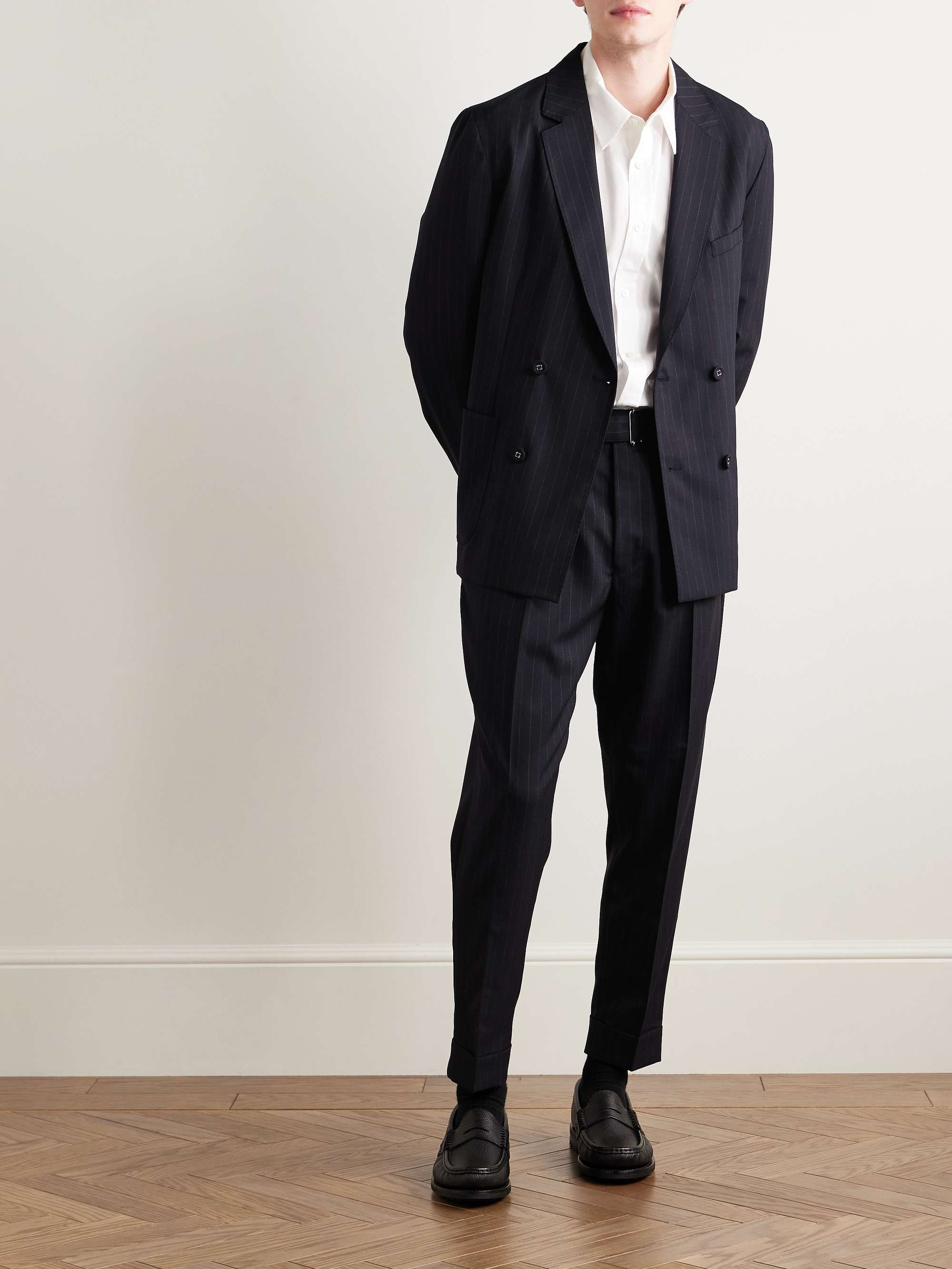 Pierre Tapered Pleated Belted Pinstriped Virgin Wool Trousers view