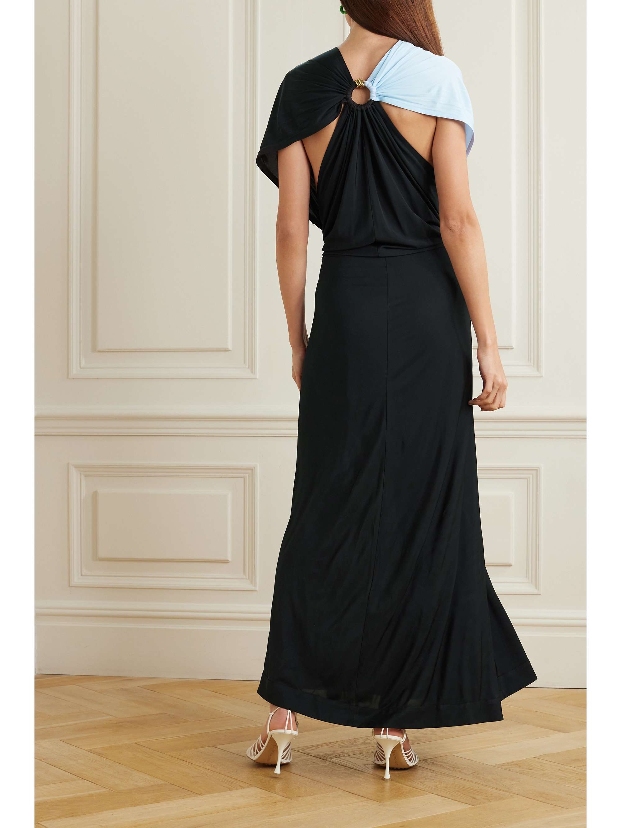 Embellished twist-front draped two-tone jersey gown view
