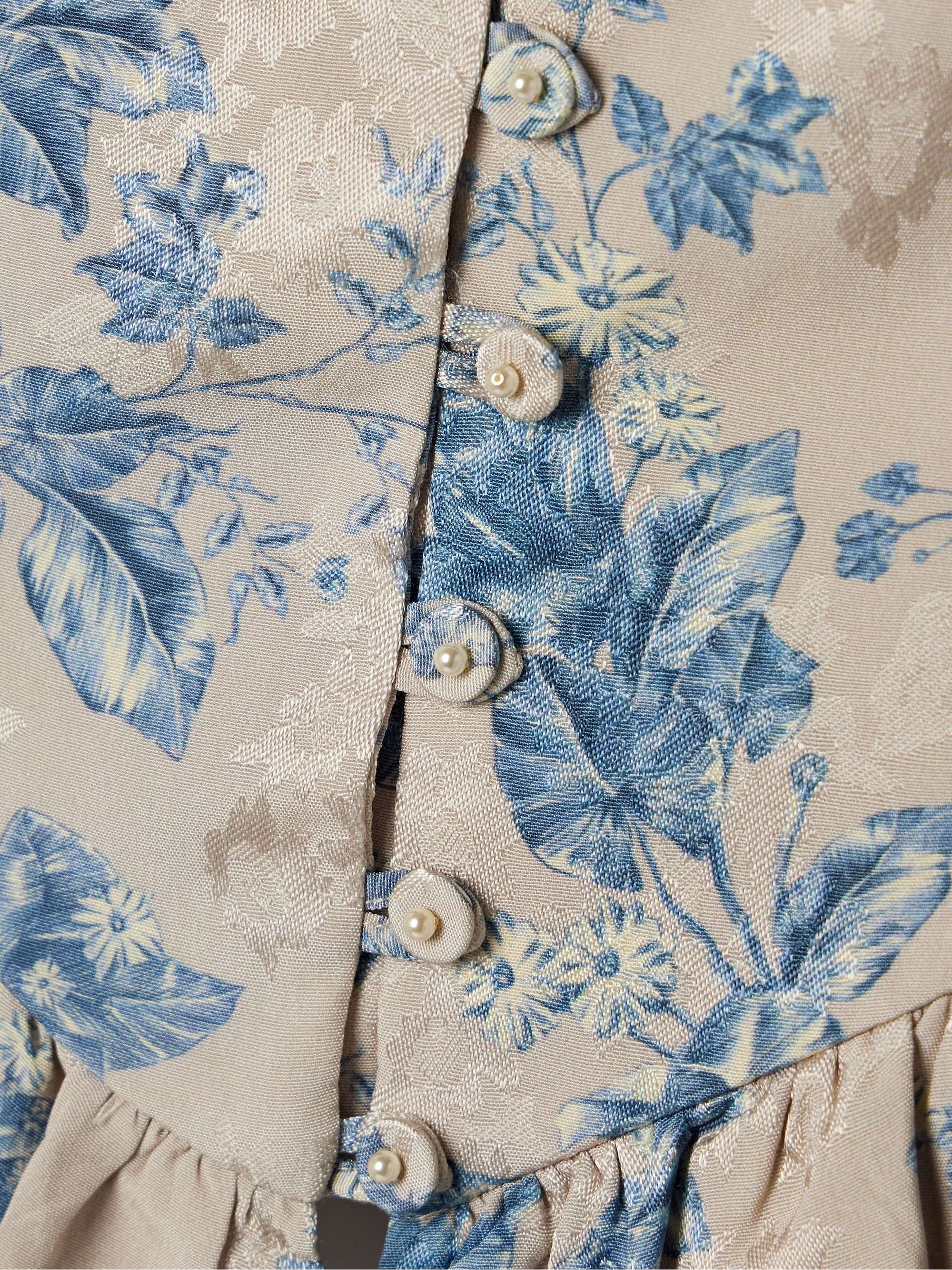 Eslabon Bougainvillea cropped ruffled floral-print satin-jacquard top view