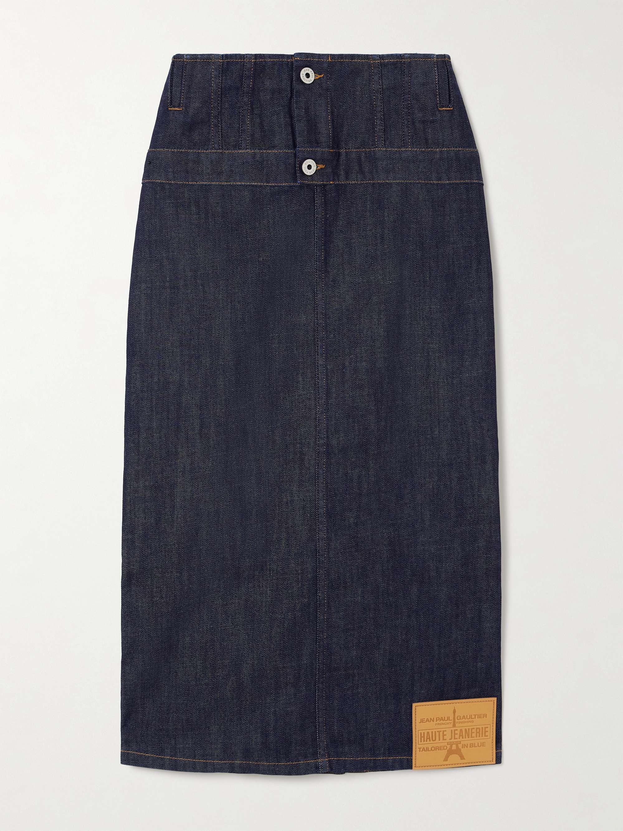 Paneled topstitched denim midi skirt hero visual